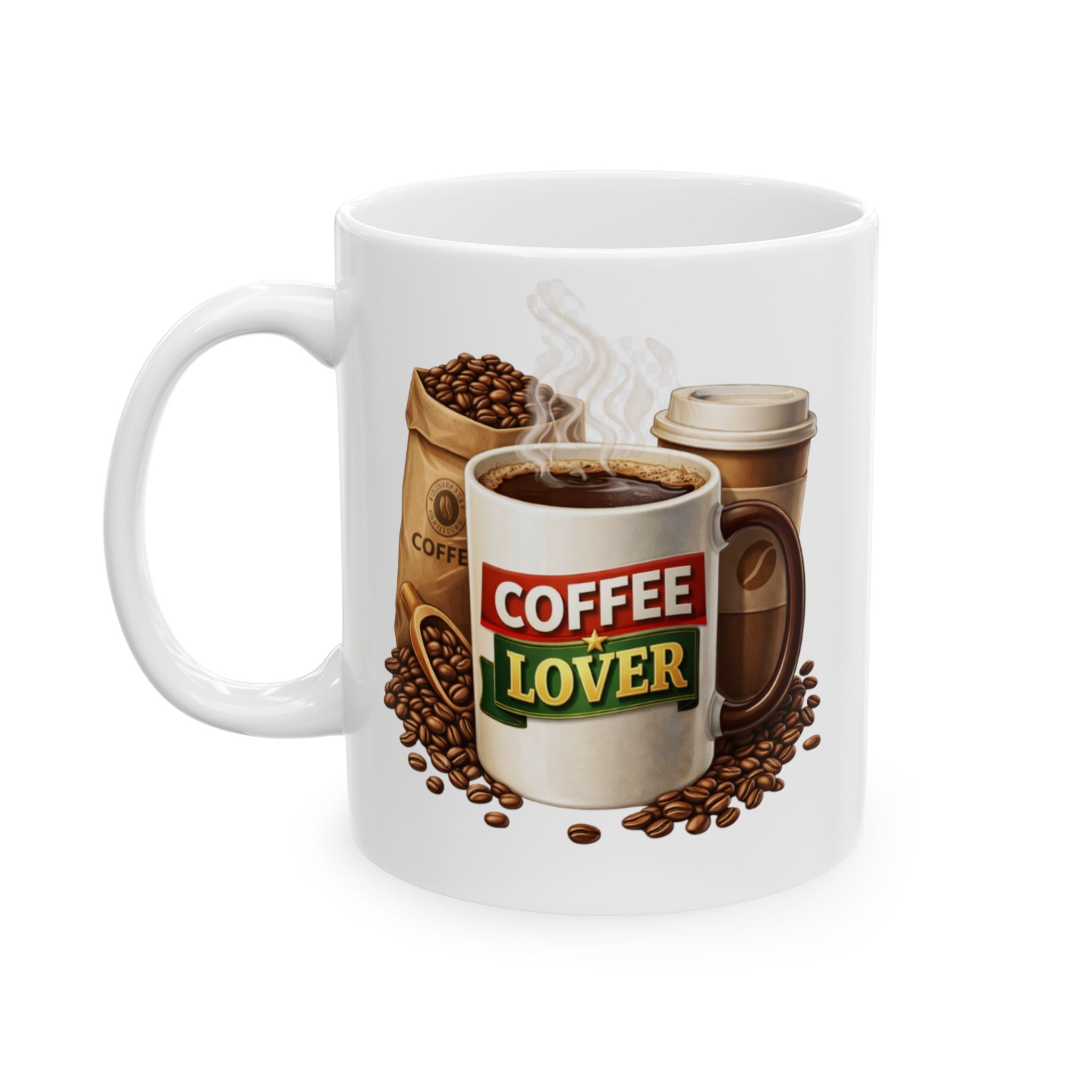 Coffee Lover Ceramic Mug — Rustic Coffee Bag & Cup Design (11oz/15oz)