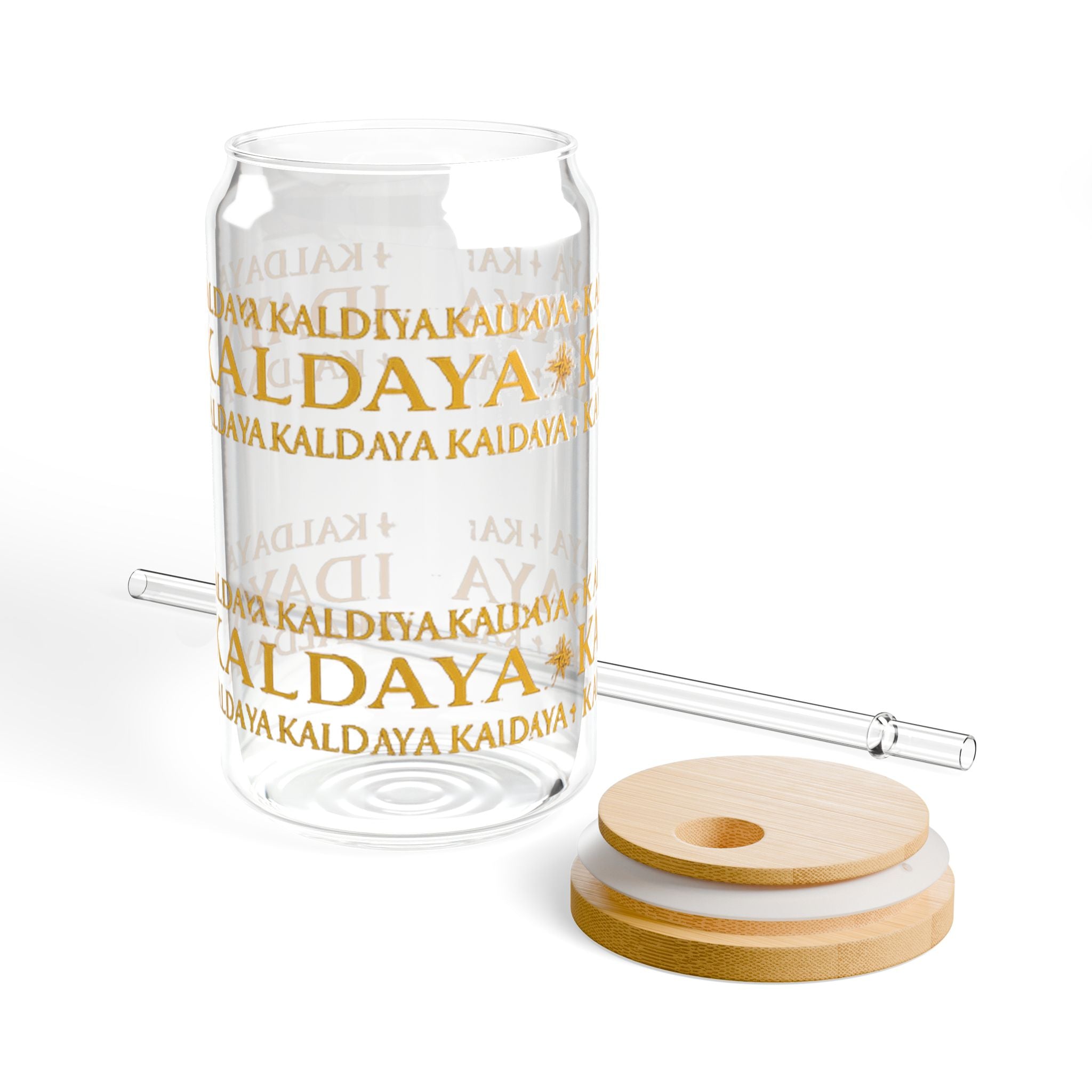 Kaldaya Repeated Logo 16oz Sipper Glass with Bamboo Lid & Straw