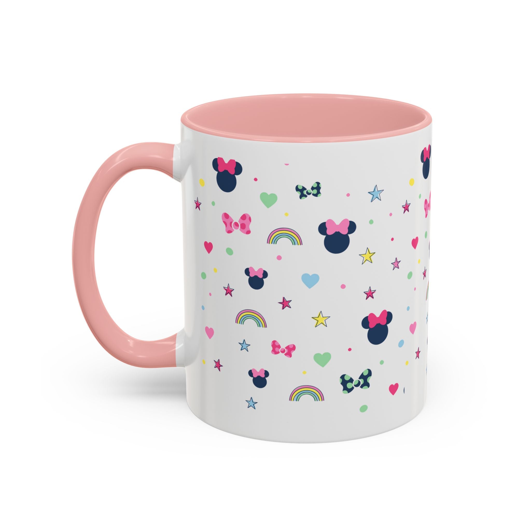 Minnie Dots Accent Coffee Mug — Cute Rainbow & Bow Pattern (11oz)