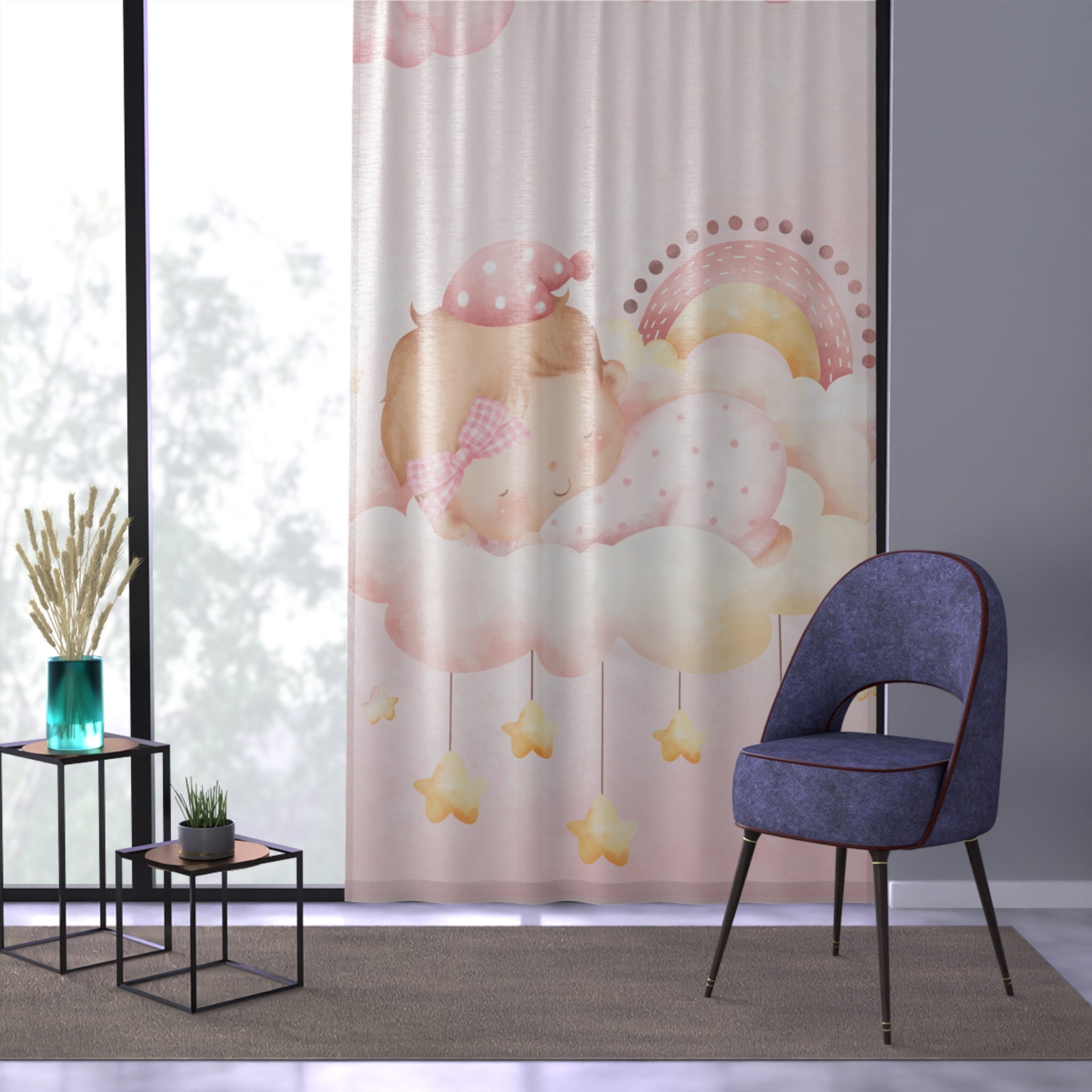 Baby Girl Window Curtain - Pink Sleeping Infant Cloud & Stars Nursery Curtain