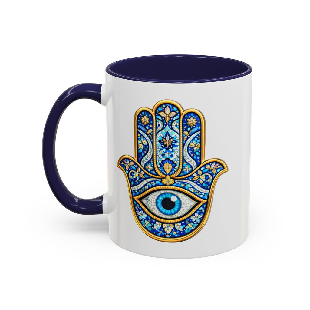 Hamsa Hand Accent Coffee Mug – Blue Protective Evil Eye Ceramic Mug (11/15oz)