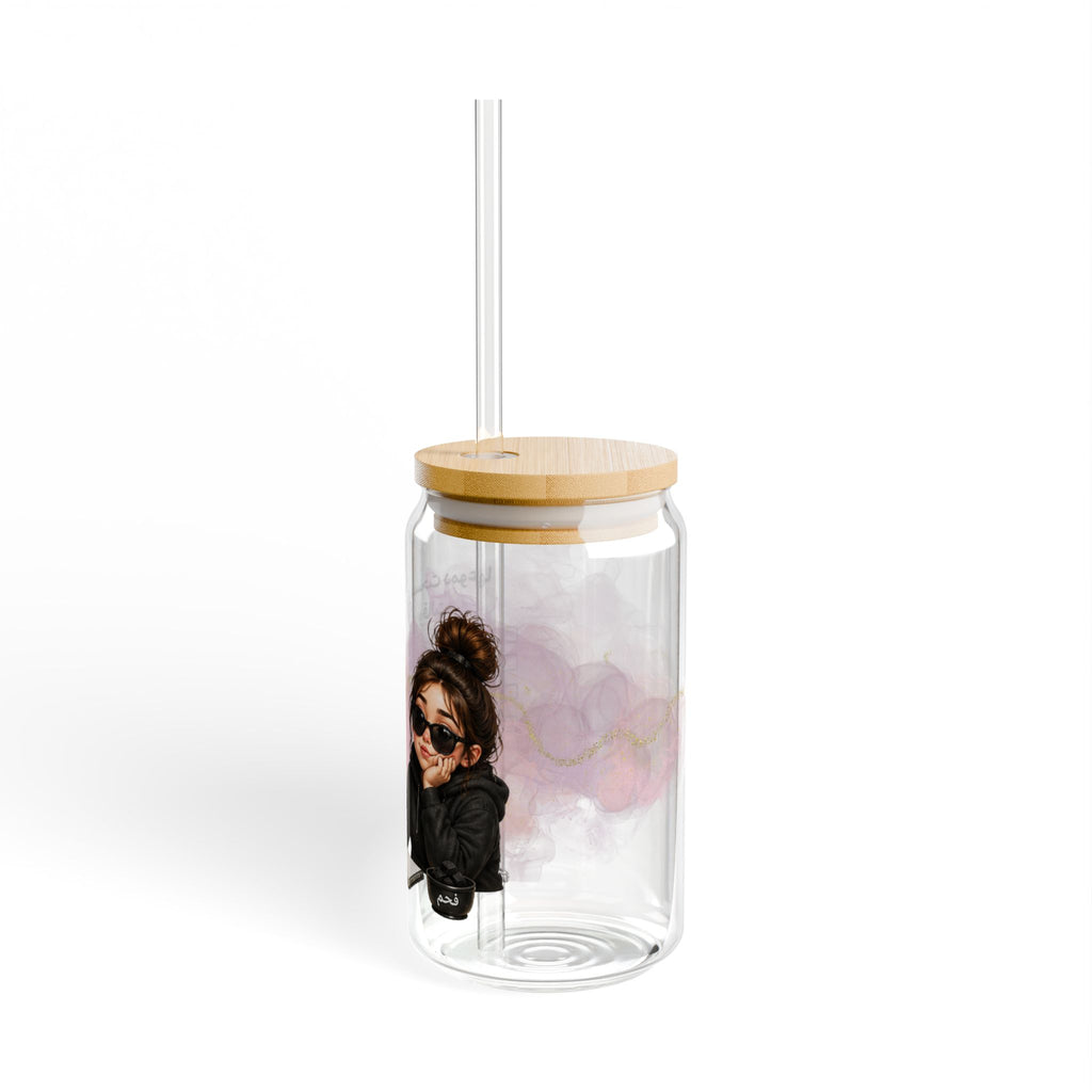 16oz Glass Sipper with Arabic Girl Illustration & Motivational Text