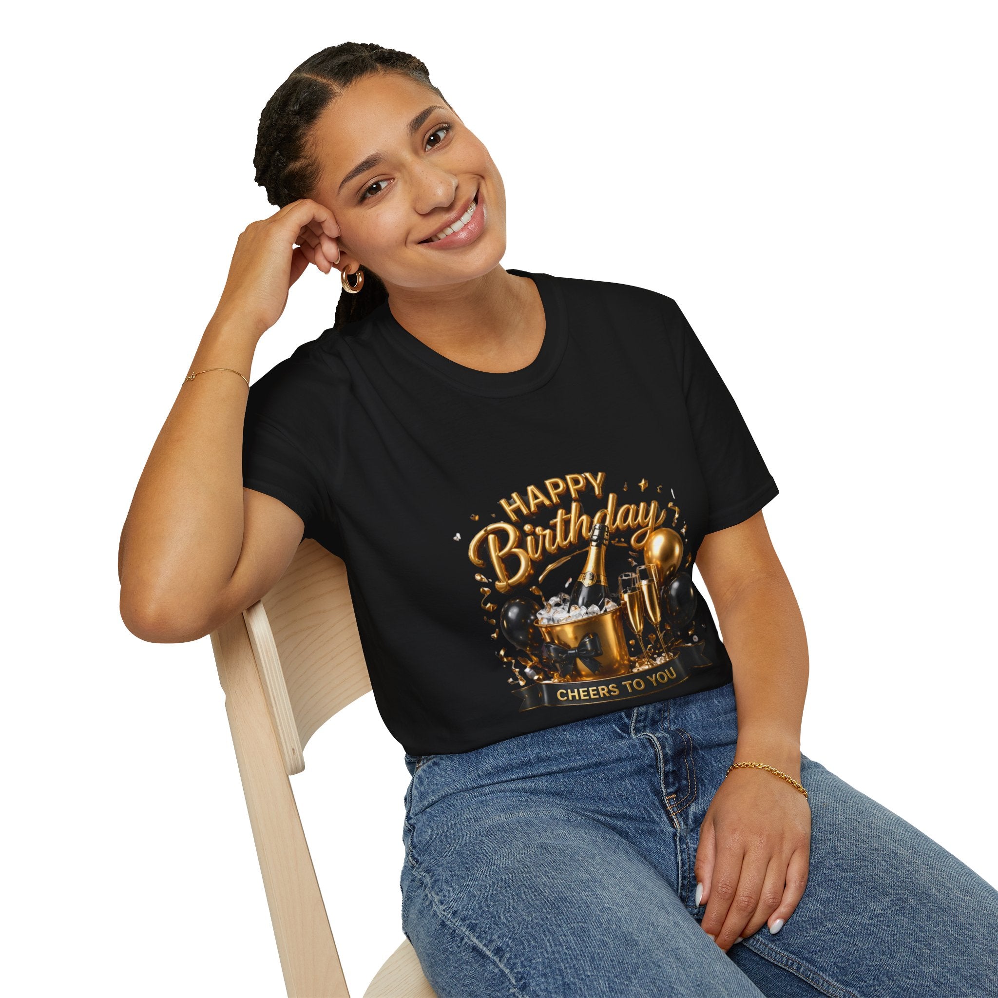 Birthday Cheers T-Shirt — "Happy Birthday" Champagne & Balloons Design