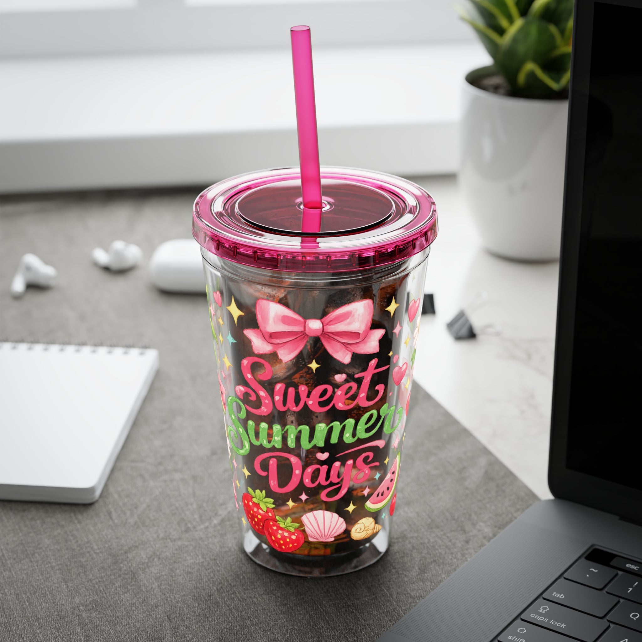 Sweet Summer Days Tumbler — 16oz Clear Straw Cup with Tropical Fruits & Bow Design