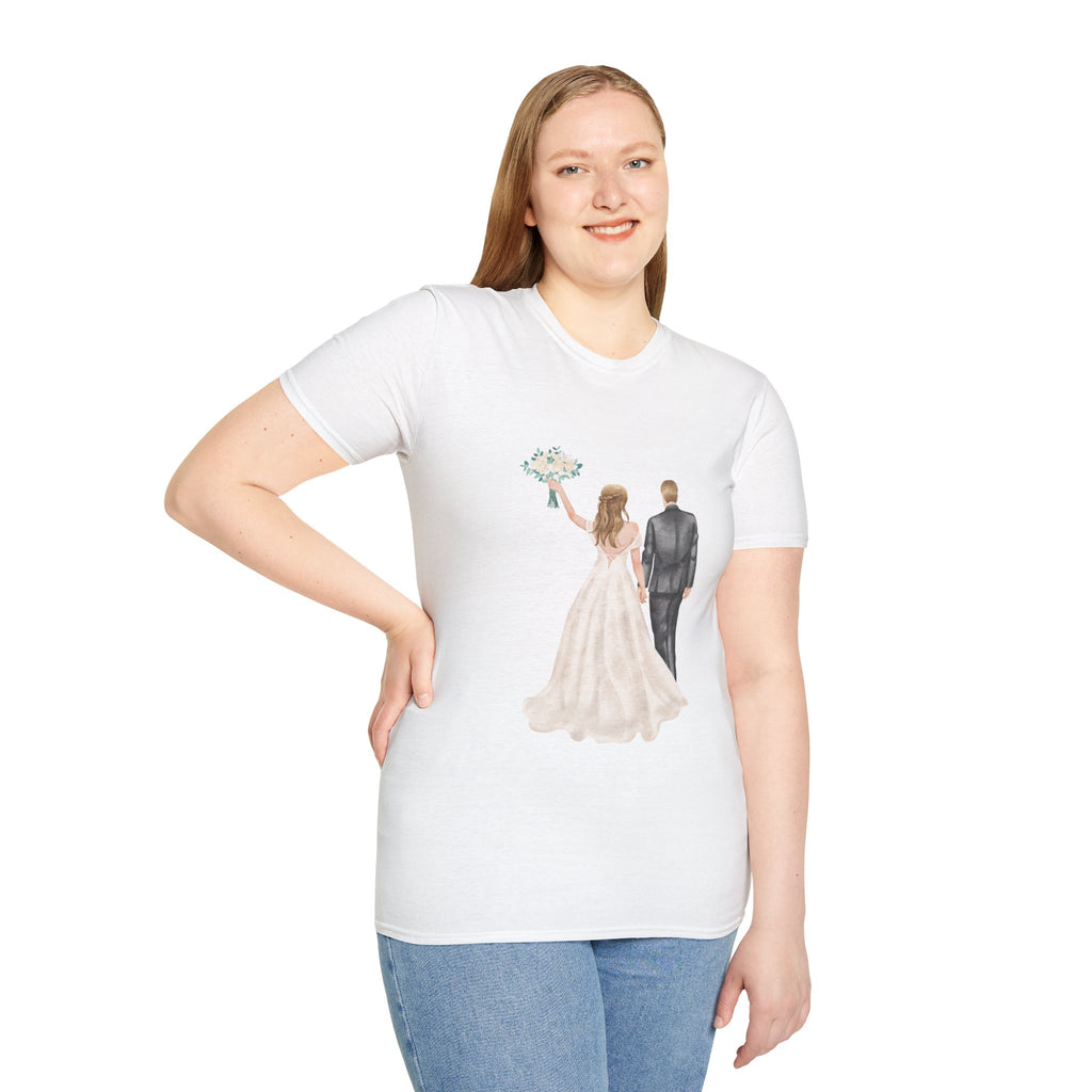 Wedding Couple T-Shirt — Bride & Groom Back Rings Design