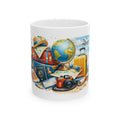 Travel Adventure Mug — Vintage Globe, Camera & Suitcase Ceramic Coffee Cup
