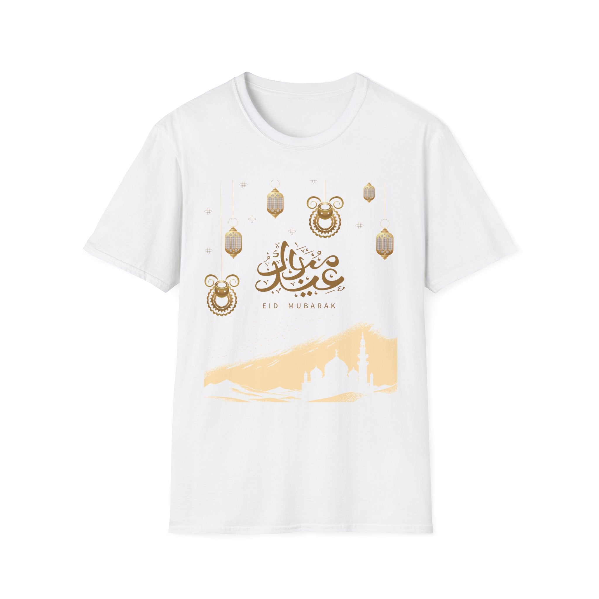 Eid Mubarak T-Shirt — Gold Lanterns & Mosque Silhouette