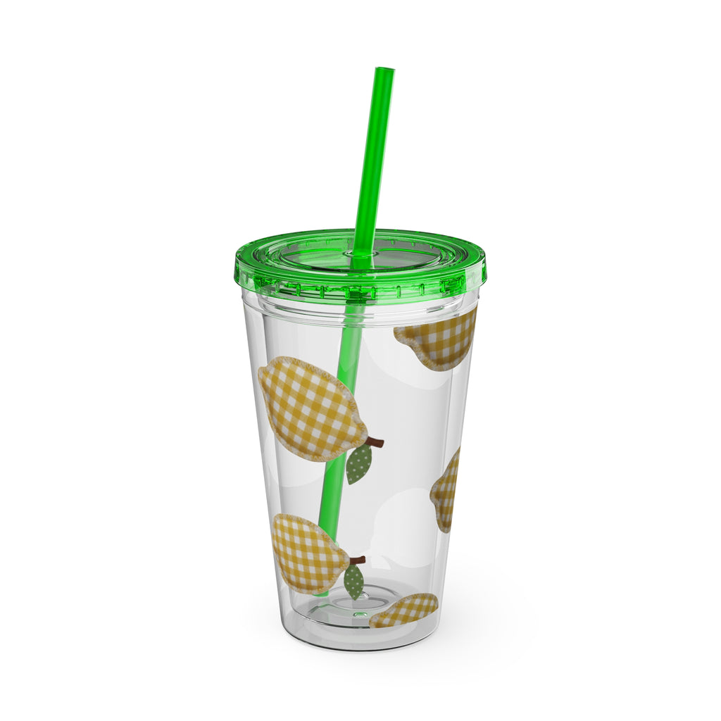 Gingham Pear Sunsplash Tumbler, 16oz Clear Travel Cup with Straw