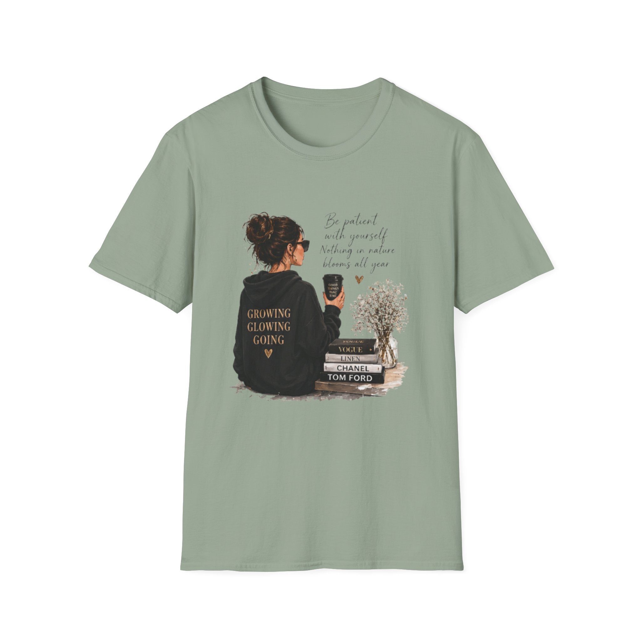 Cozy Reading Girl T-Shirt — "Growing, Glowing, Going" Literary Graphic Tee