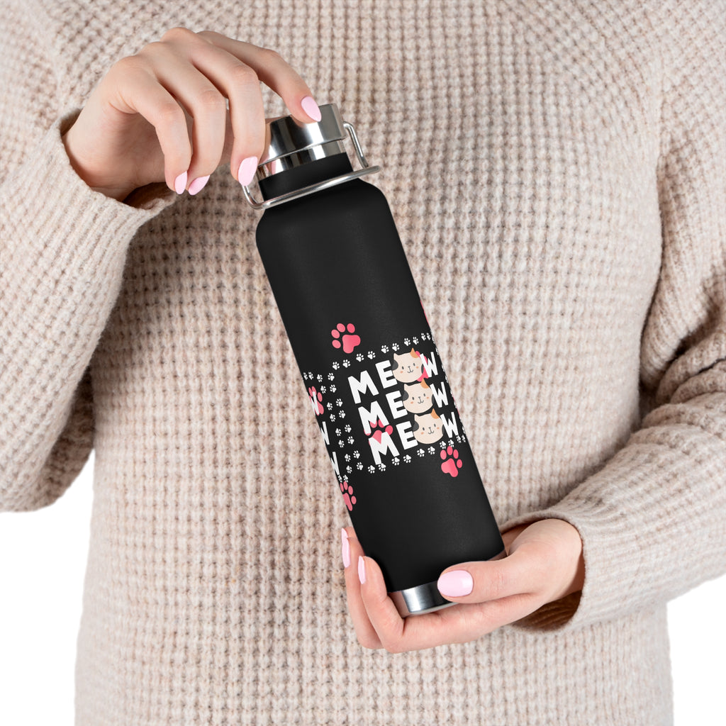 22oz Insulated Bottle — Red 'MEOW' Cute Cat Paw Print Design