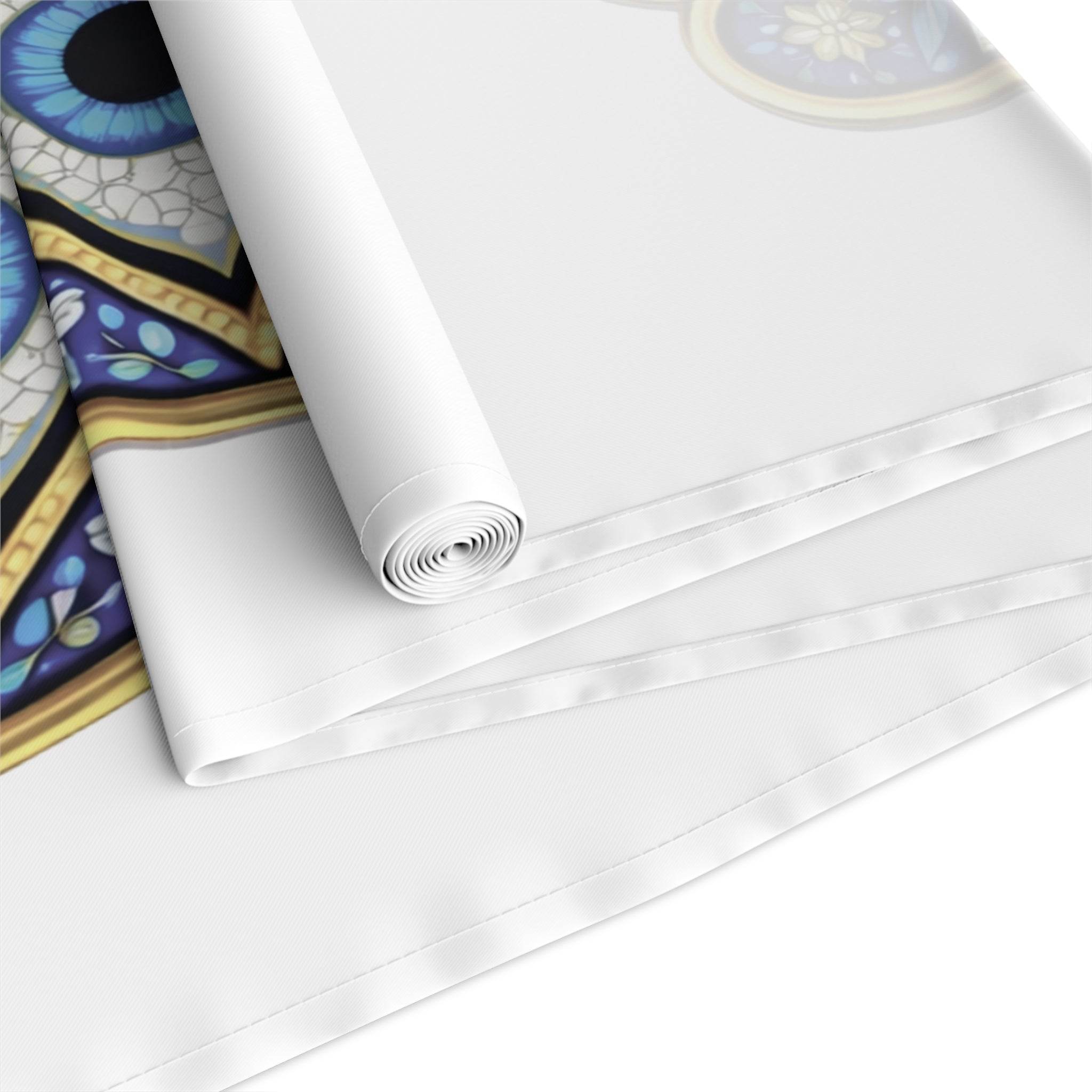 Hamsa Eye Table Runner — Blue Protective Hand Print Cotton-Poly Dining Decor