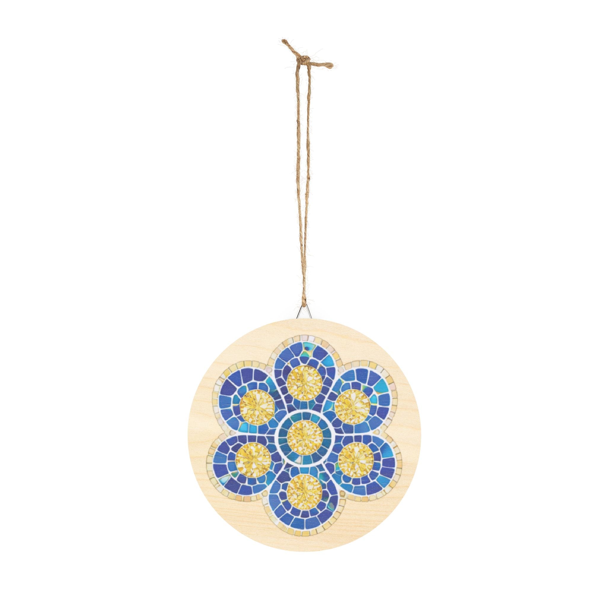 Round Mosaic Flower Wood Sign – Blue & Gold Decorative Wall Plaque