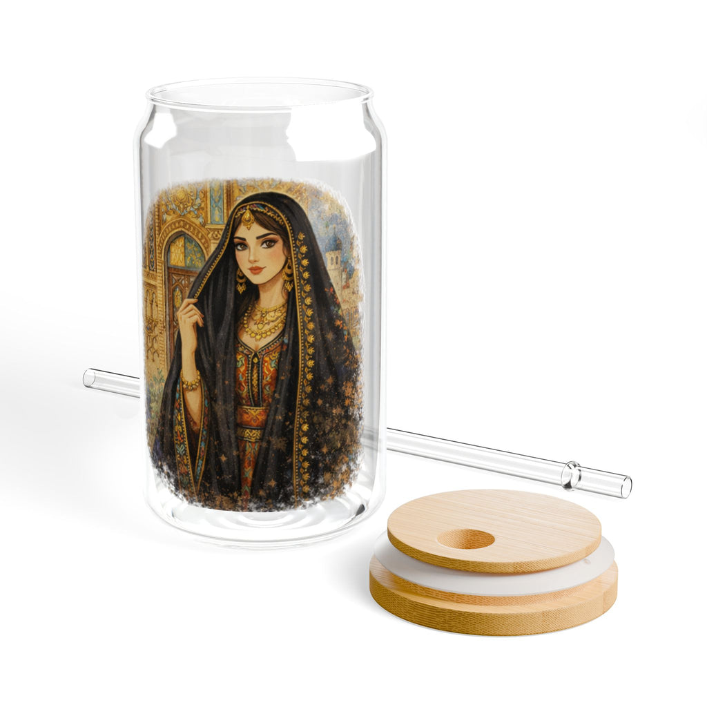 16oz Glass Sipper with Vintage Middle Eastern Woman Illustration