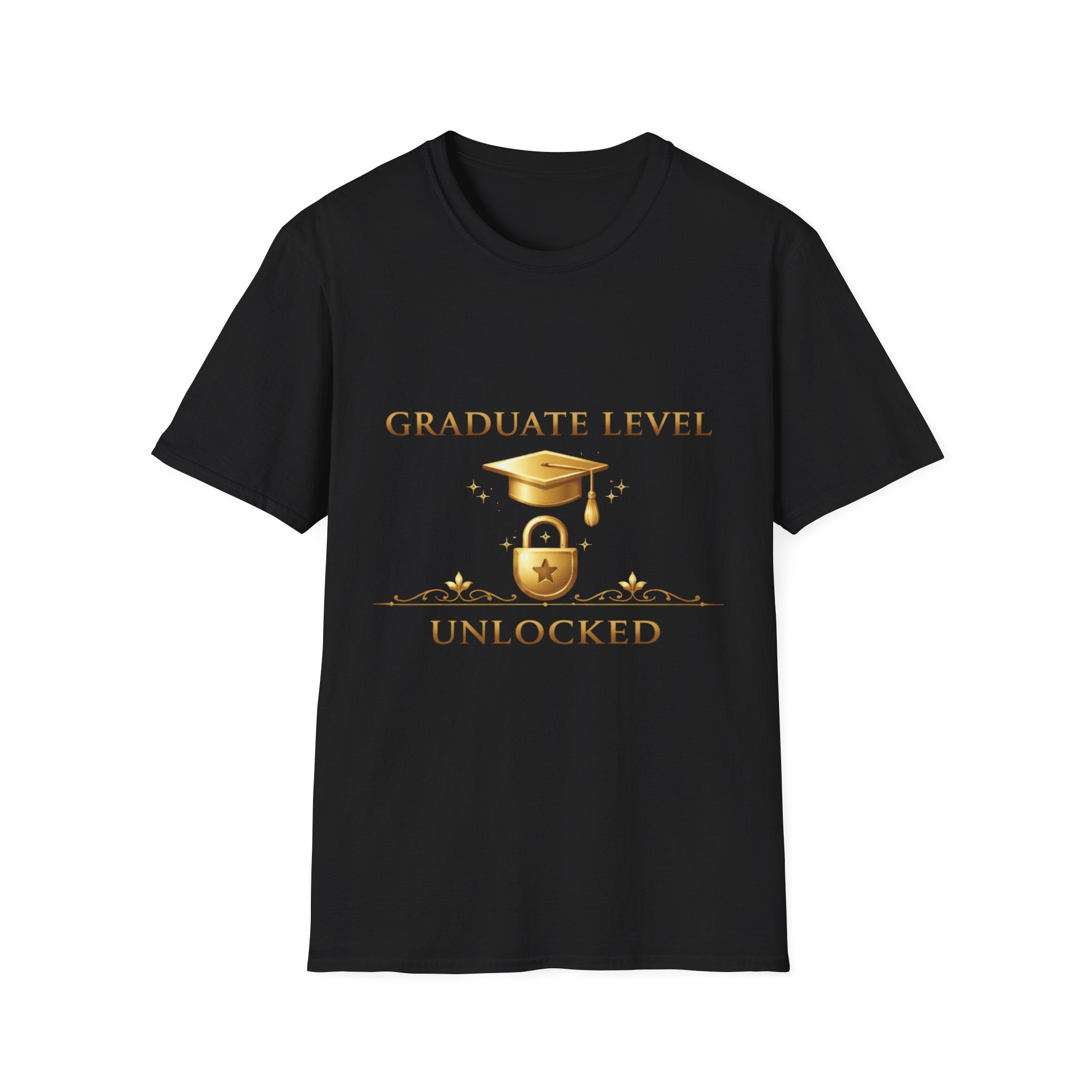 Graduate Level Unlocked T-Shirt — Graduation Cap & Lock Celebration Tee