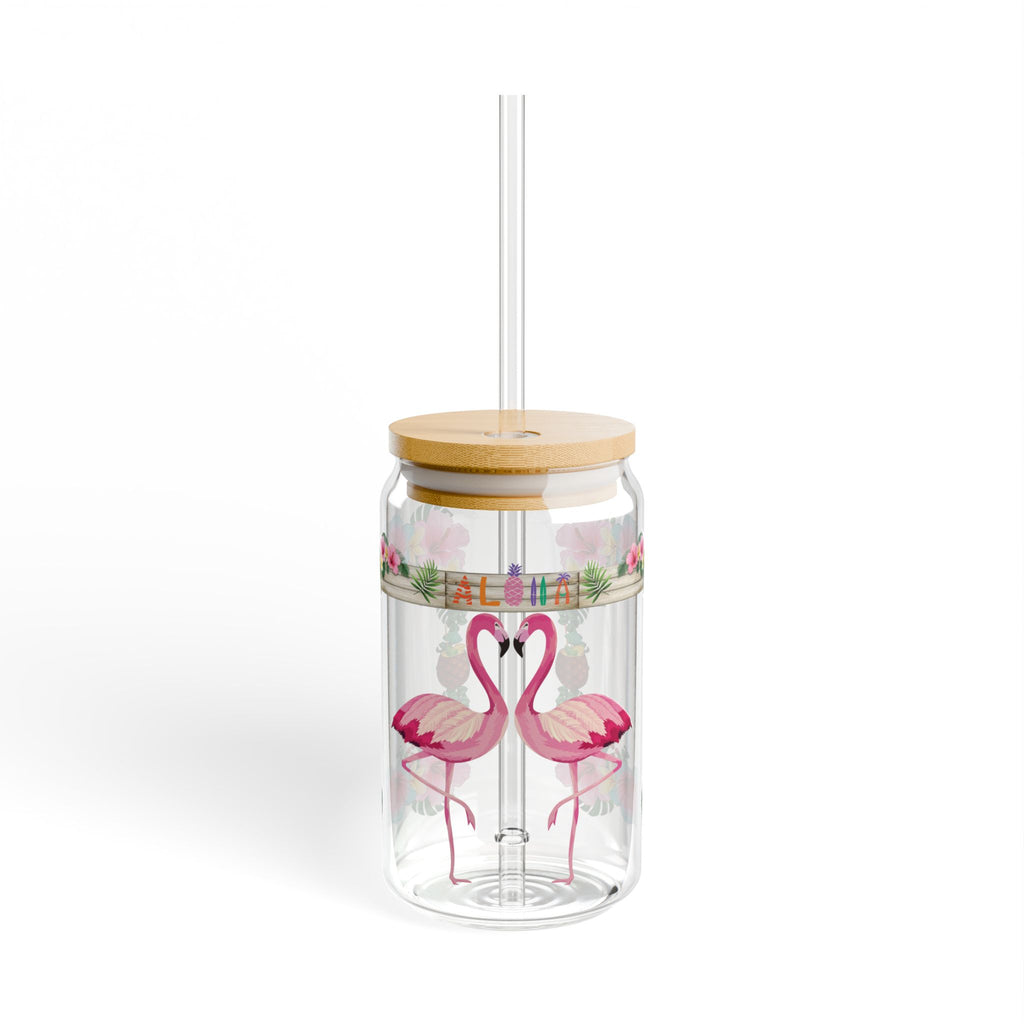 Flamingo Floral Sipper Glass — 16oz Tropical Drink Jar with Straw