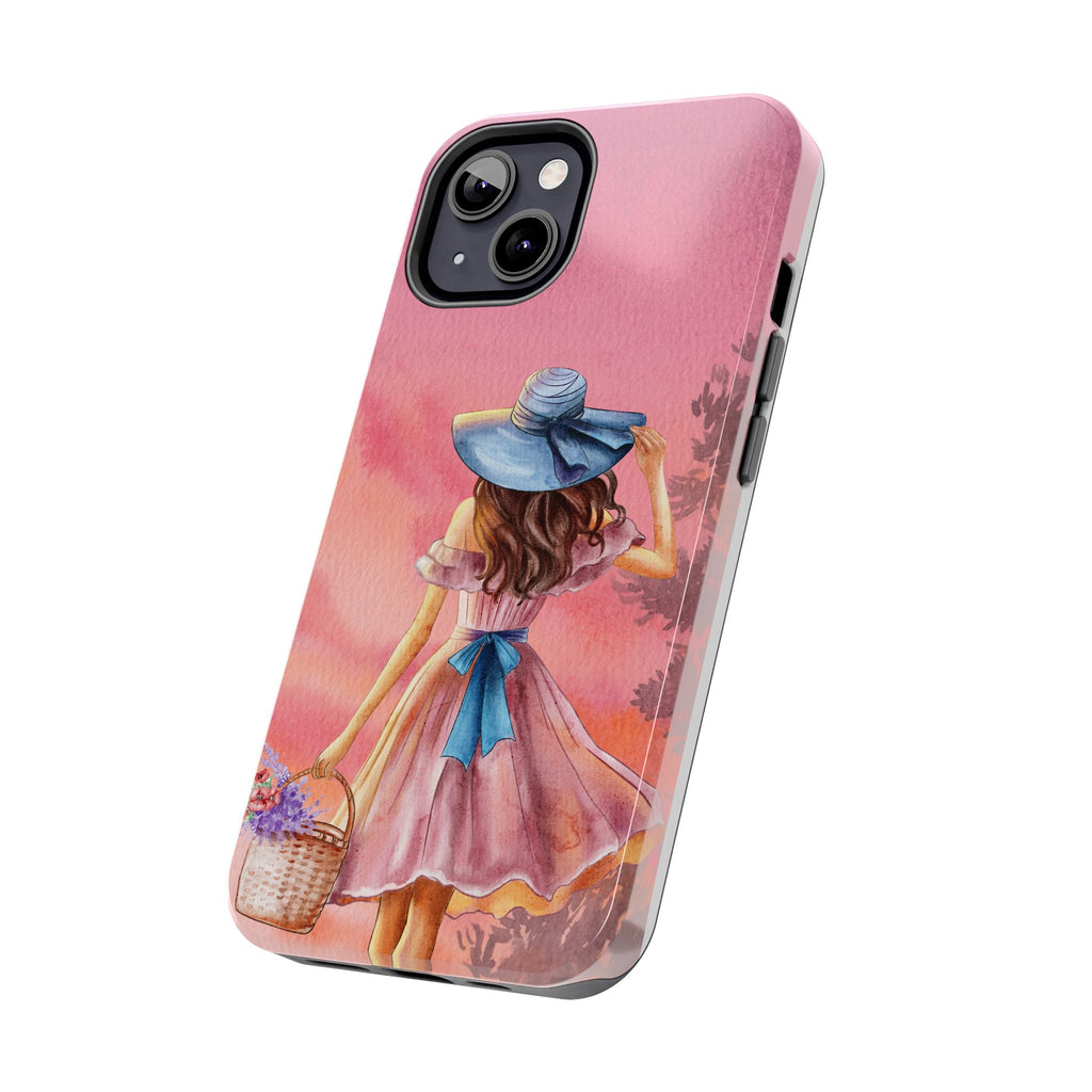 Pastel Picnic Girl Phone Case — Protective Tough Phone Case with Watercolor Sunset Design