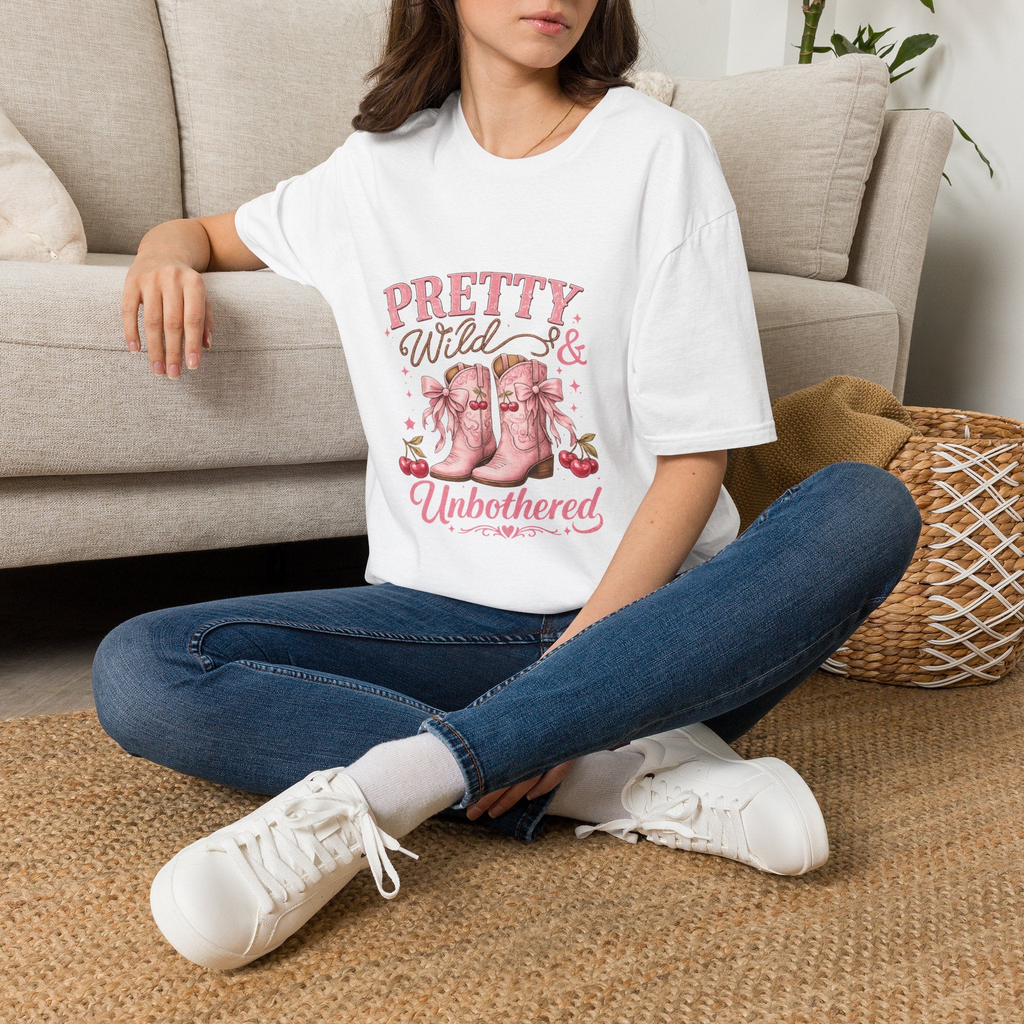 Coquette Cowgirl T-Shirt | Pretty Wild & Unbothered Pink Boots Graphic Tee