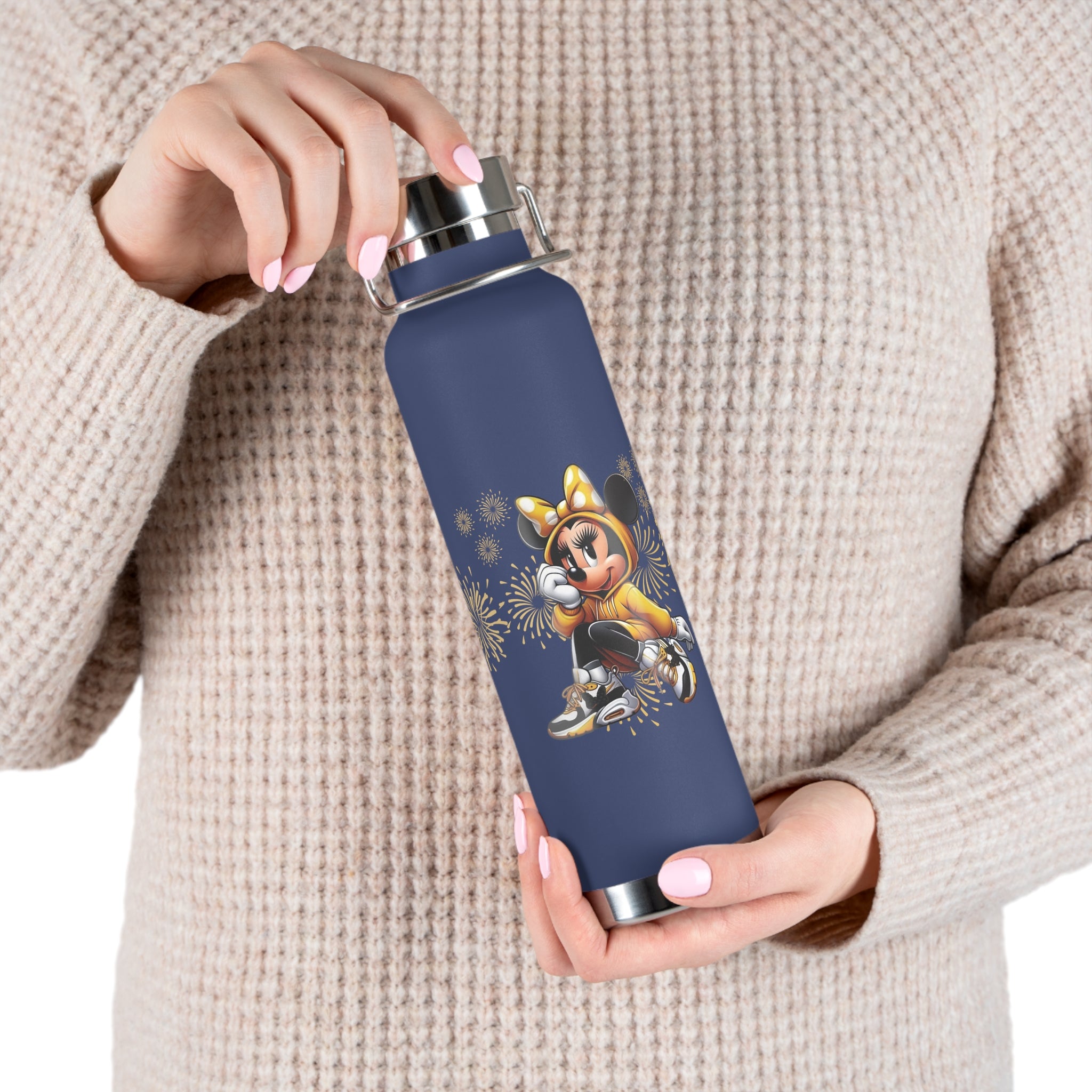 22oz Insulated Water Bottle — Cute Minnie Mouse Gold Sparkle Design