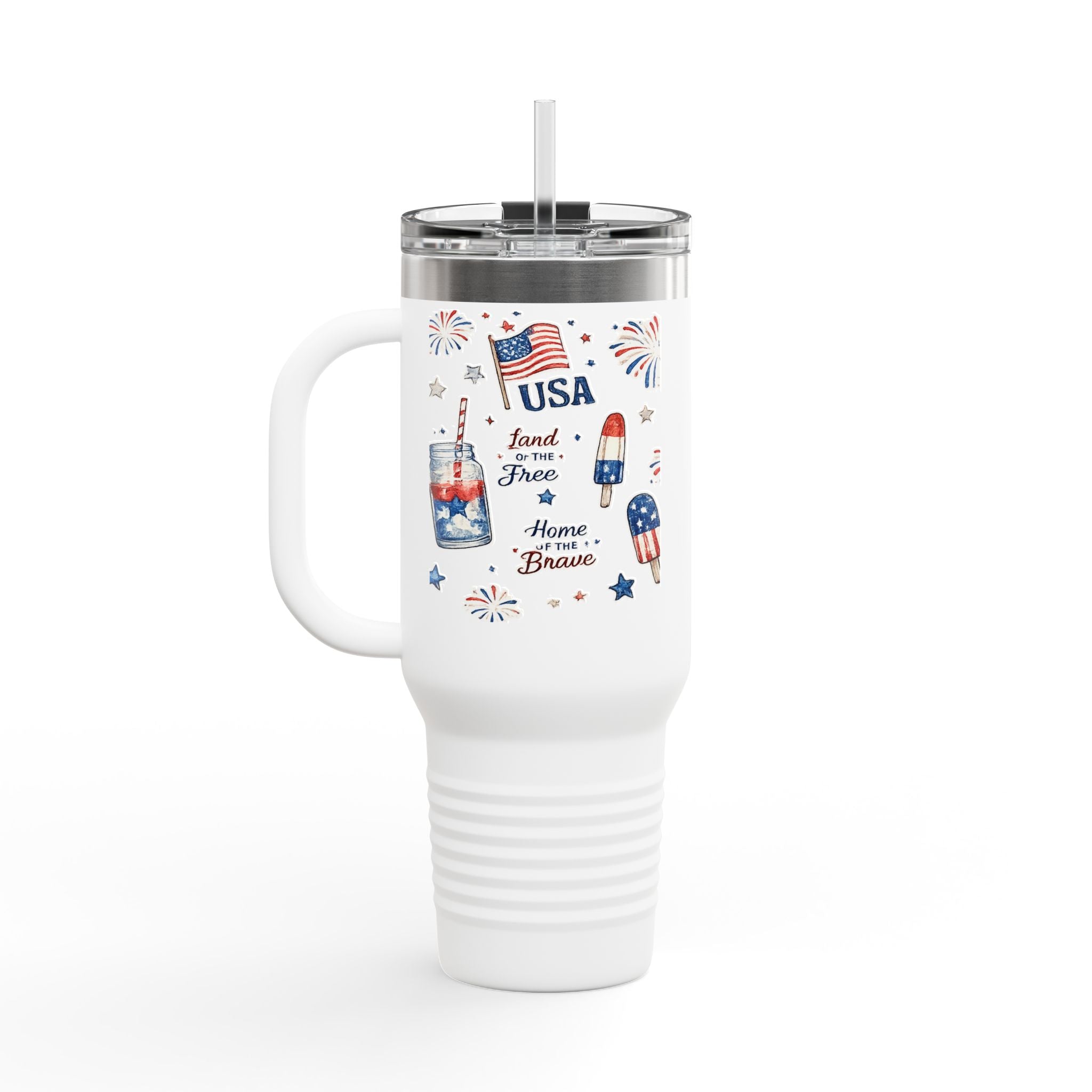 40oz Insulated Travel Mug — Patriotic USA Fourth of July Design (Land of the Free, Home of the Brave)