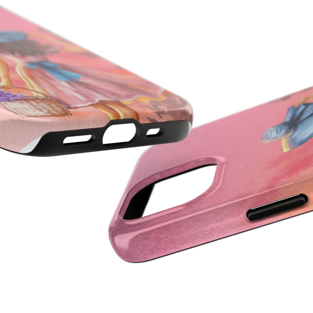 Pastel Picnic Girl Phone Case — Protective Tough Phone Case with Watercolor Sunset Design