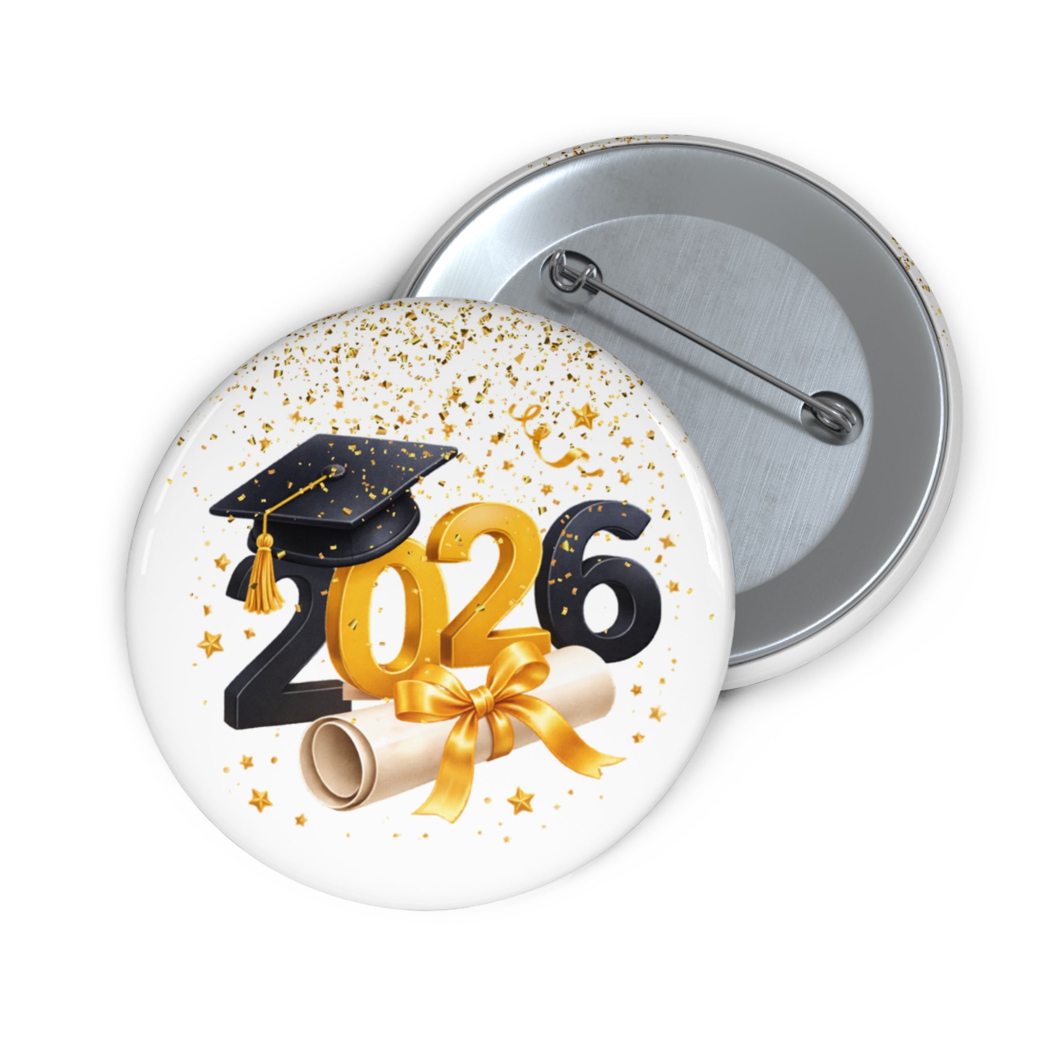 2026 Graduation Pin Button – Cap, Diploma & Gold Confetti Badge