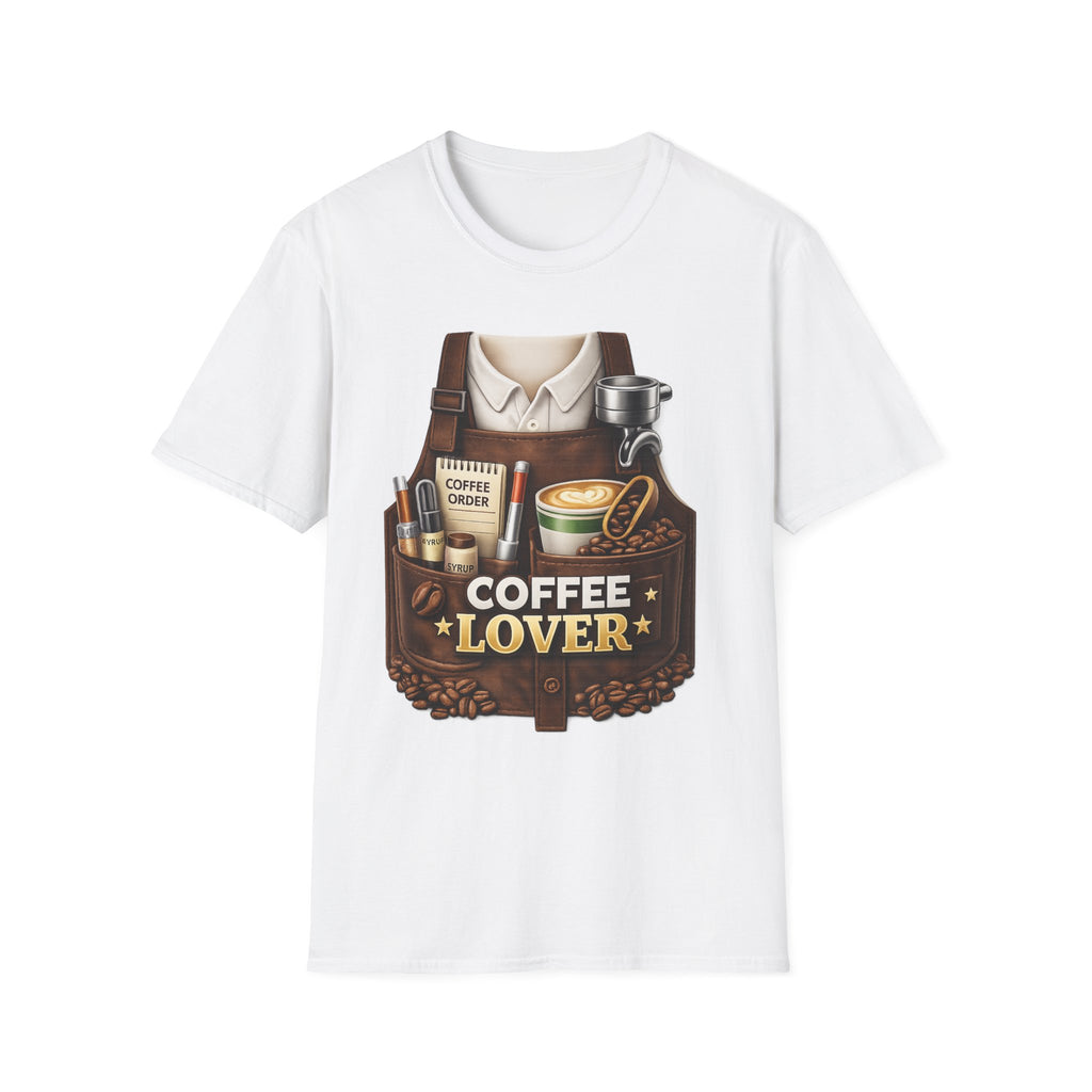 Coffee Lover T-Shirt — Barista Apron Graphic Tee (Coffee Beans, Espresso Art)