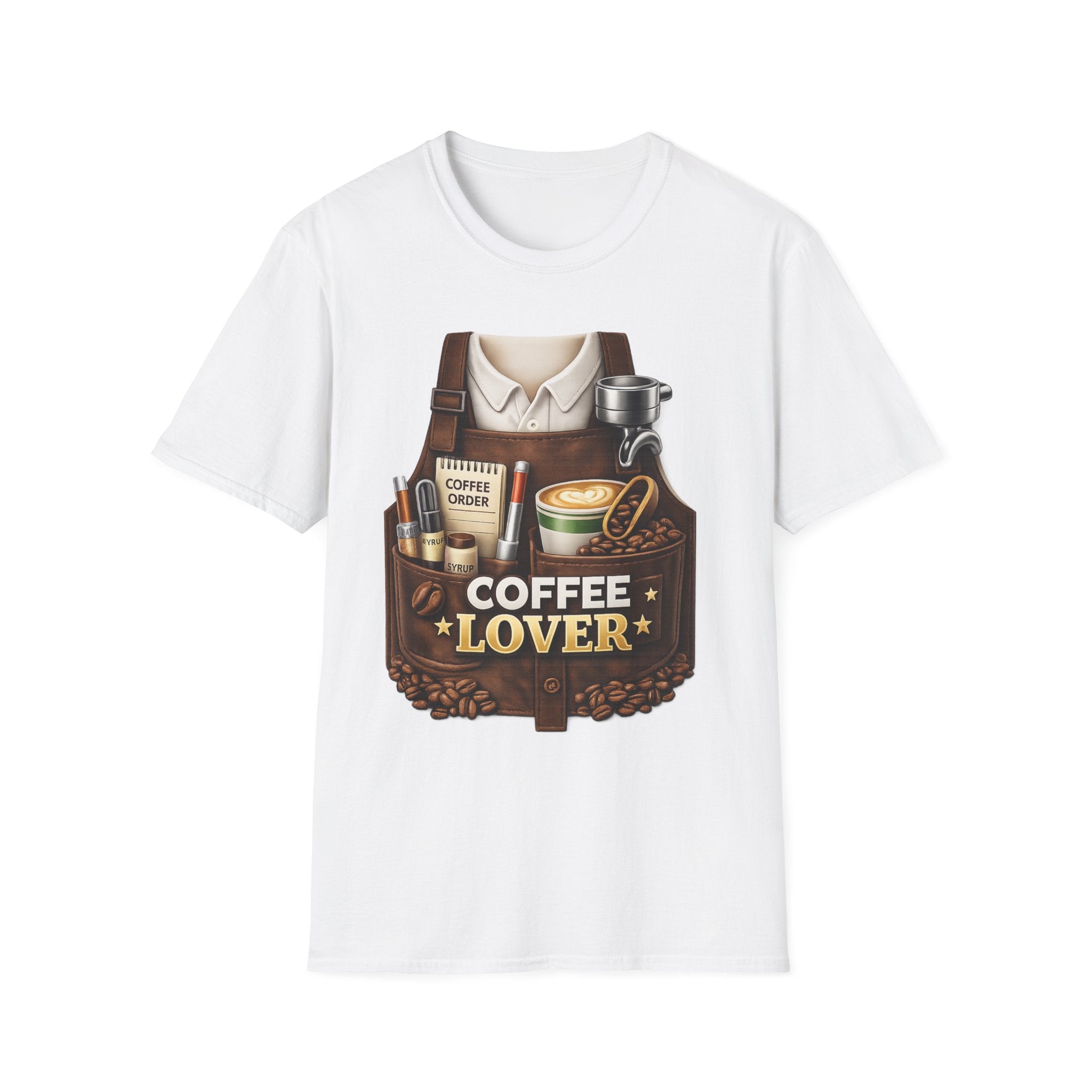 Coffee Lover T-Shirt — Barista Apron Graphic Tee (Coffee Beans, Espresso Art)