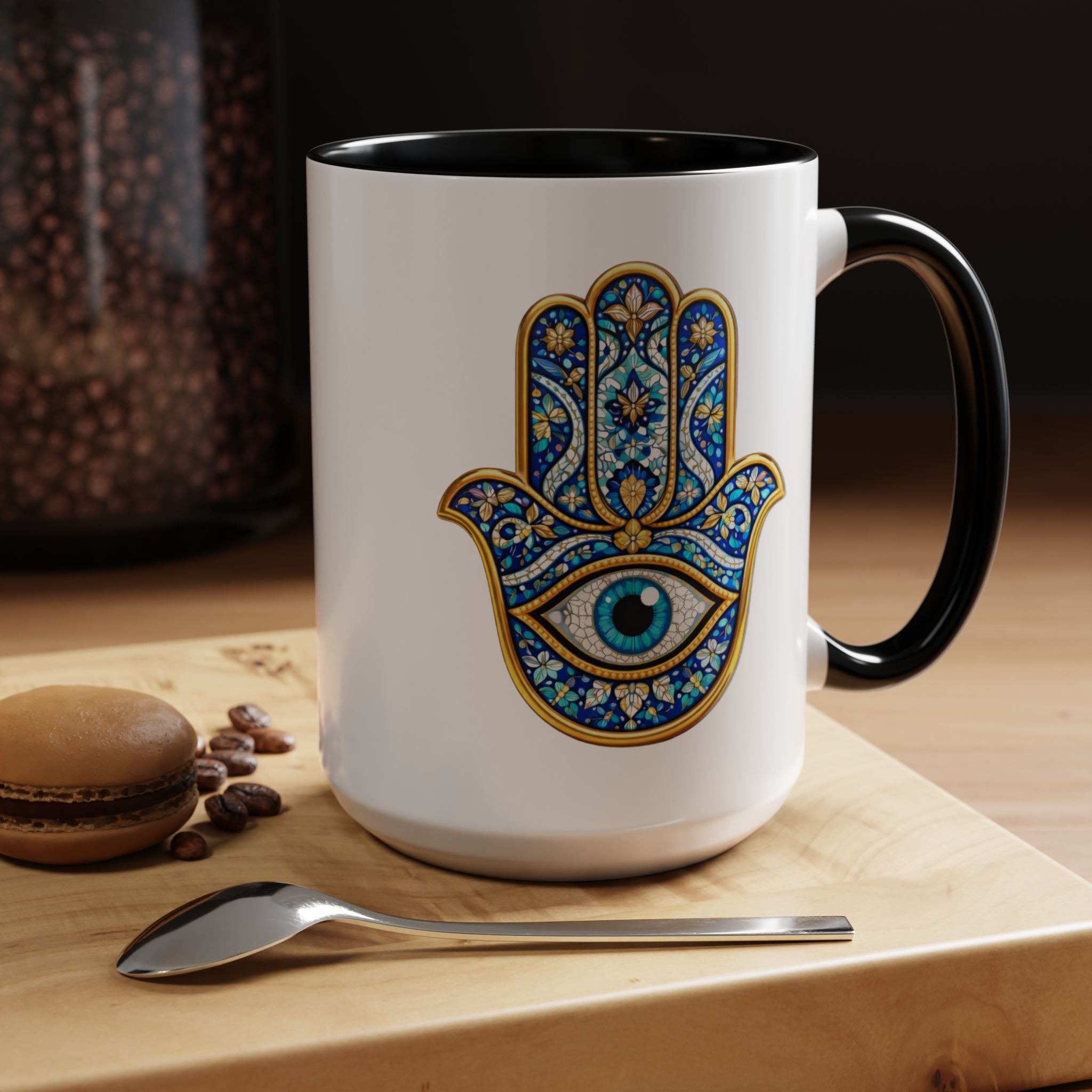 Hamsa Hand Accent Coffee Mug – Blue Protective Evil Eye Ceramic Mug (11/15oz)