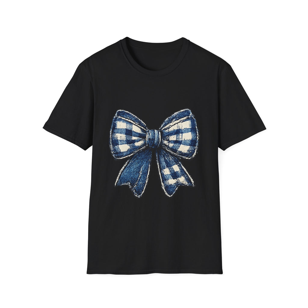Bow Graphic T-Shirt — Blue Plaid Bow Design