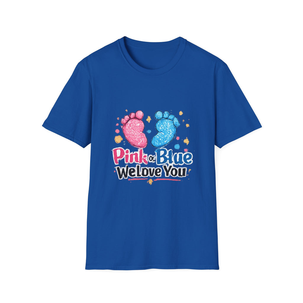 Gender Reveal Baby Footprint T-Shirt — "Pink & Blue We Love You"