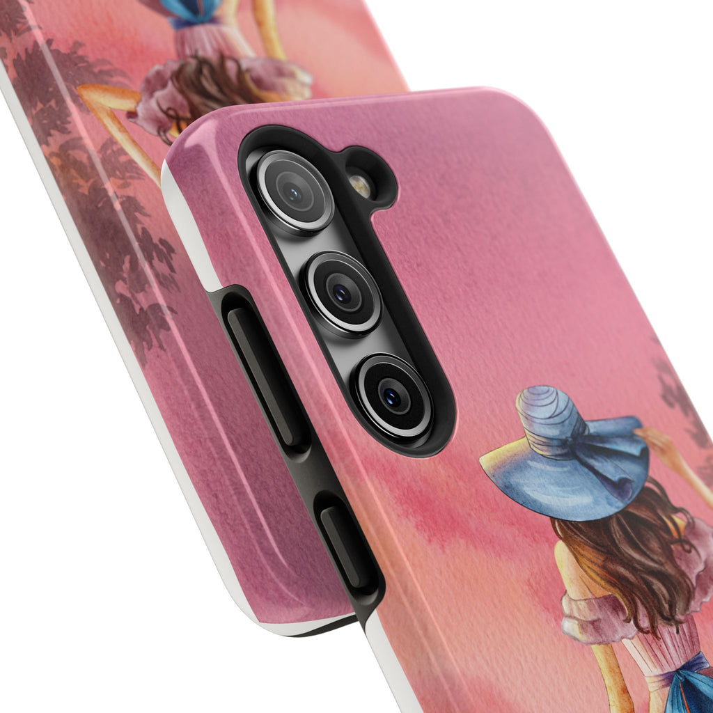 Pastel Picnic Girl Phone Case — Protective Tough Phone Case with Watercolor Sunset Design