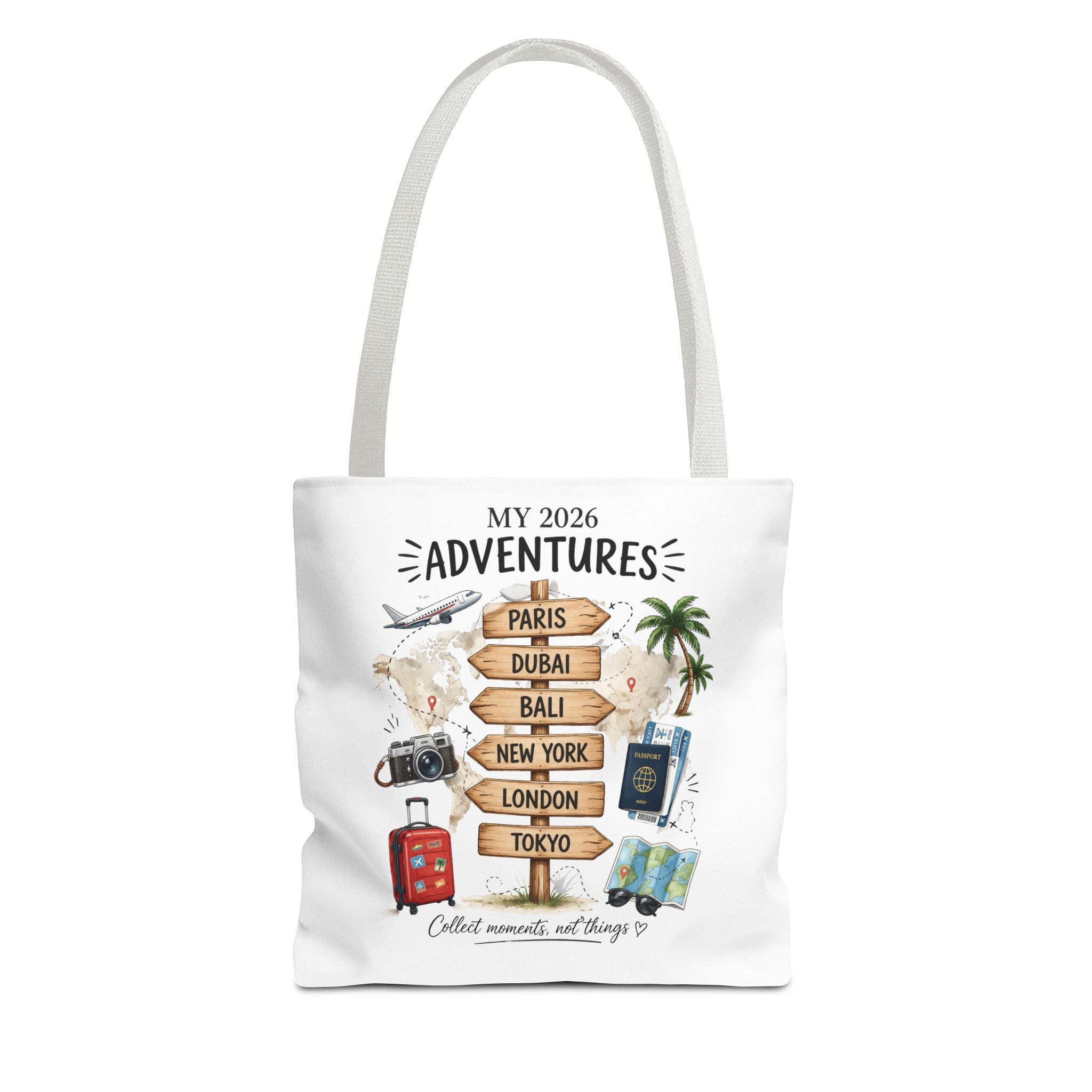 2026 Travel Adventures Tote Bag — 'My 2026 Adventures' World Cities Signpost Design