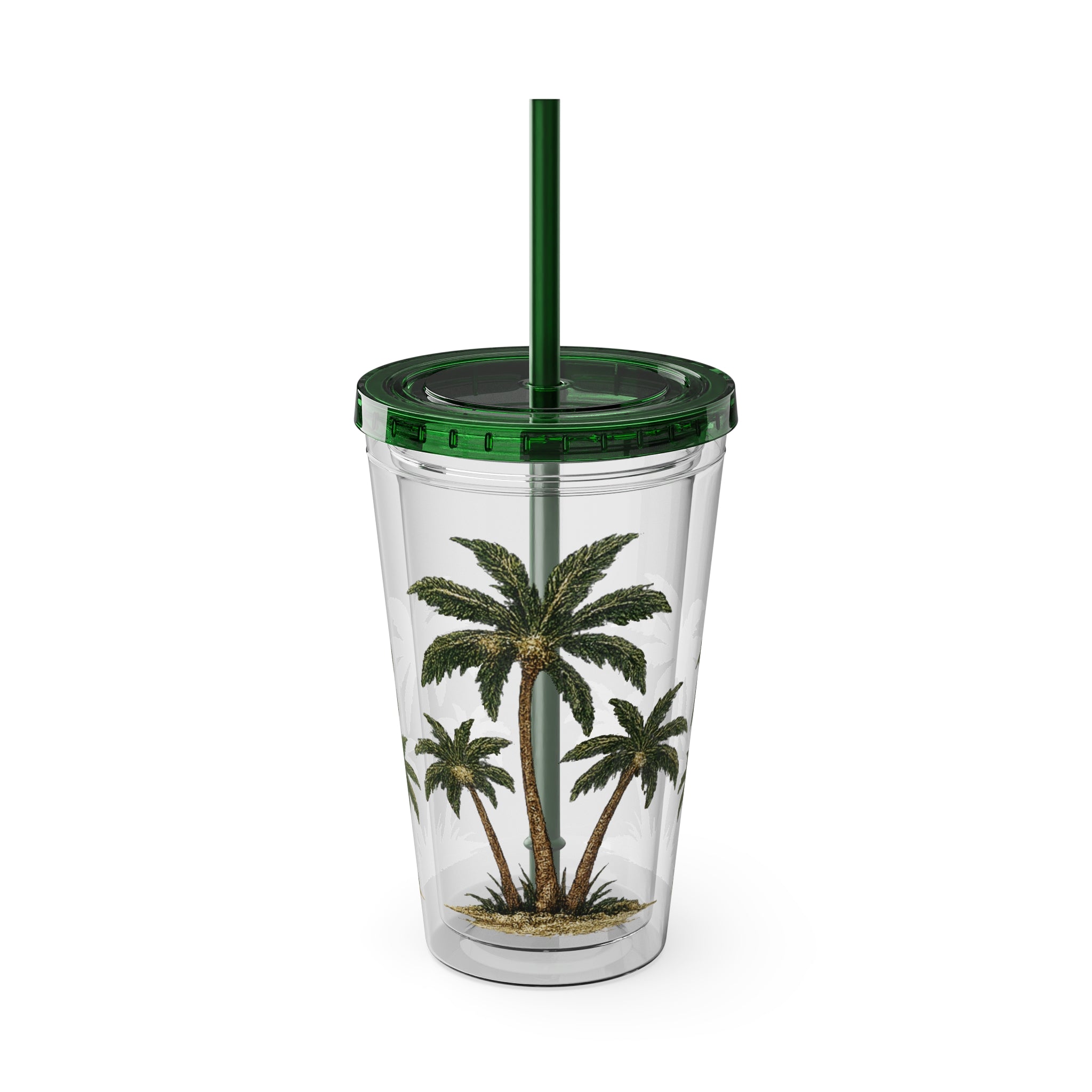 Palm Tree Tumbler — 16oz Clear Travel Cup with Straw, Tropical Sunsplash Design