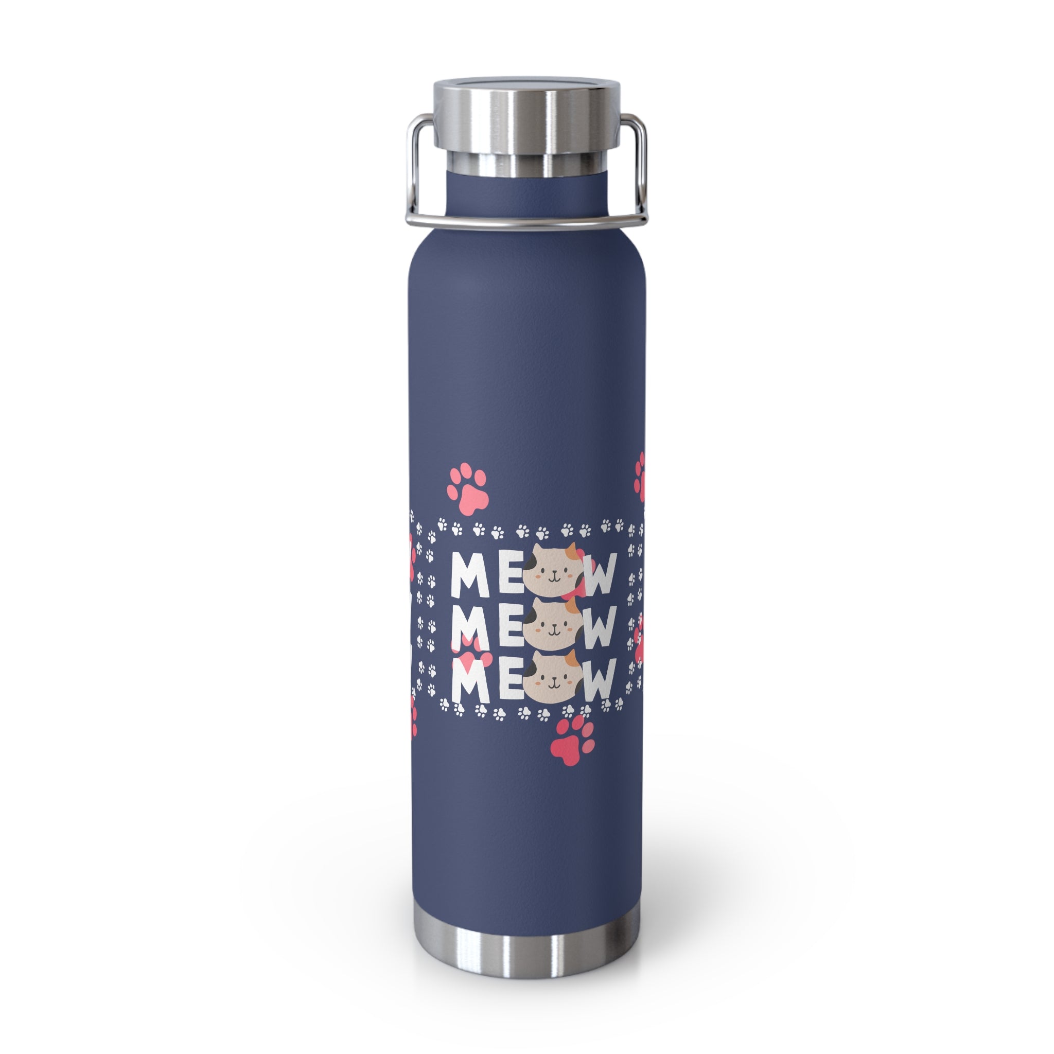 22oz Insulated Bottle — Red 'MEOW' Cute Cat Paw Print Design