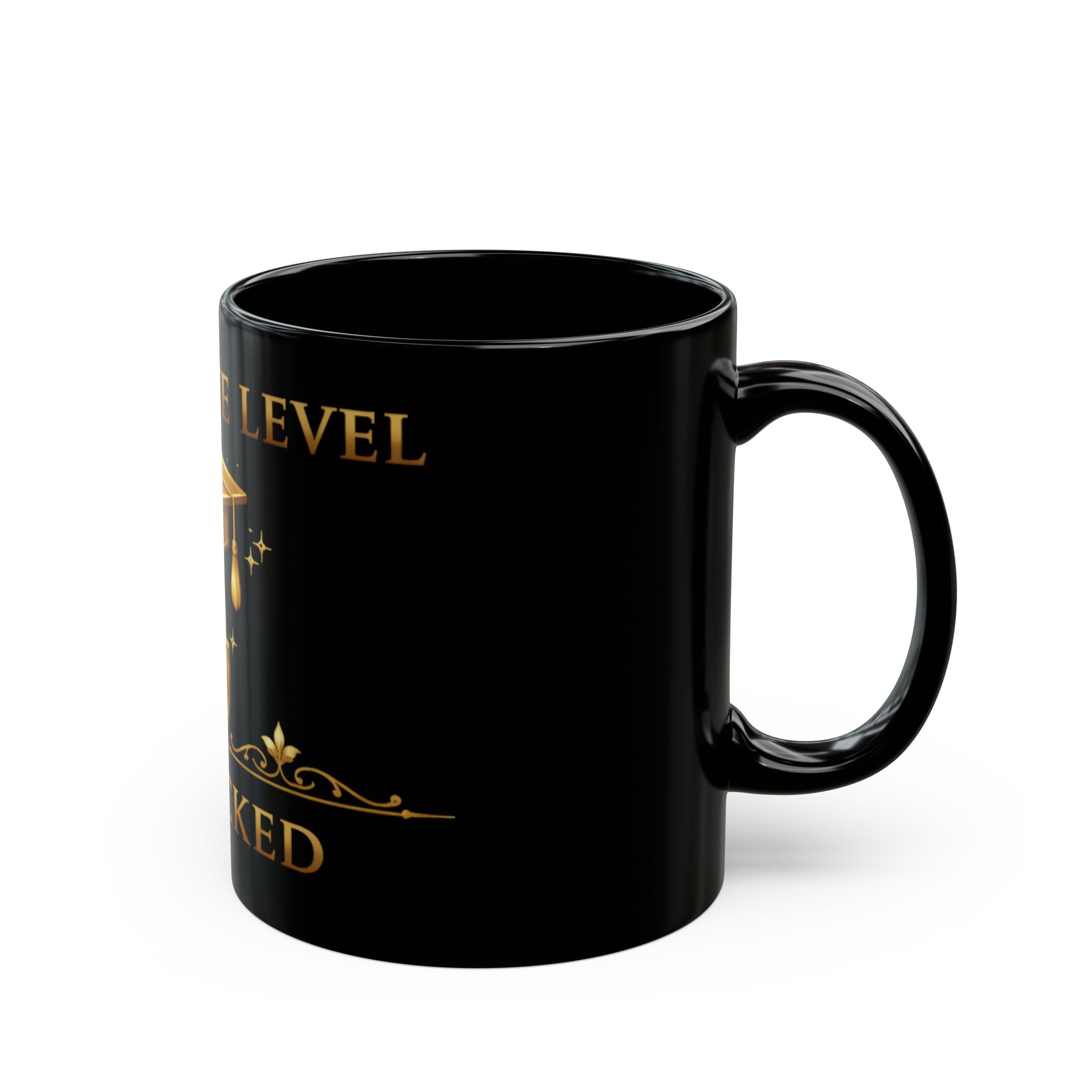 Graduation Level Unlocked Mug — Black Ceramic 11oz/15oz (Gold Cap & Lock Design)