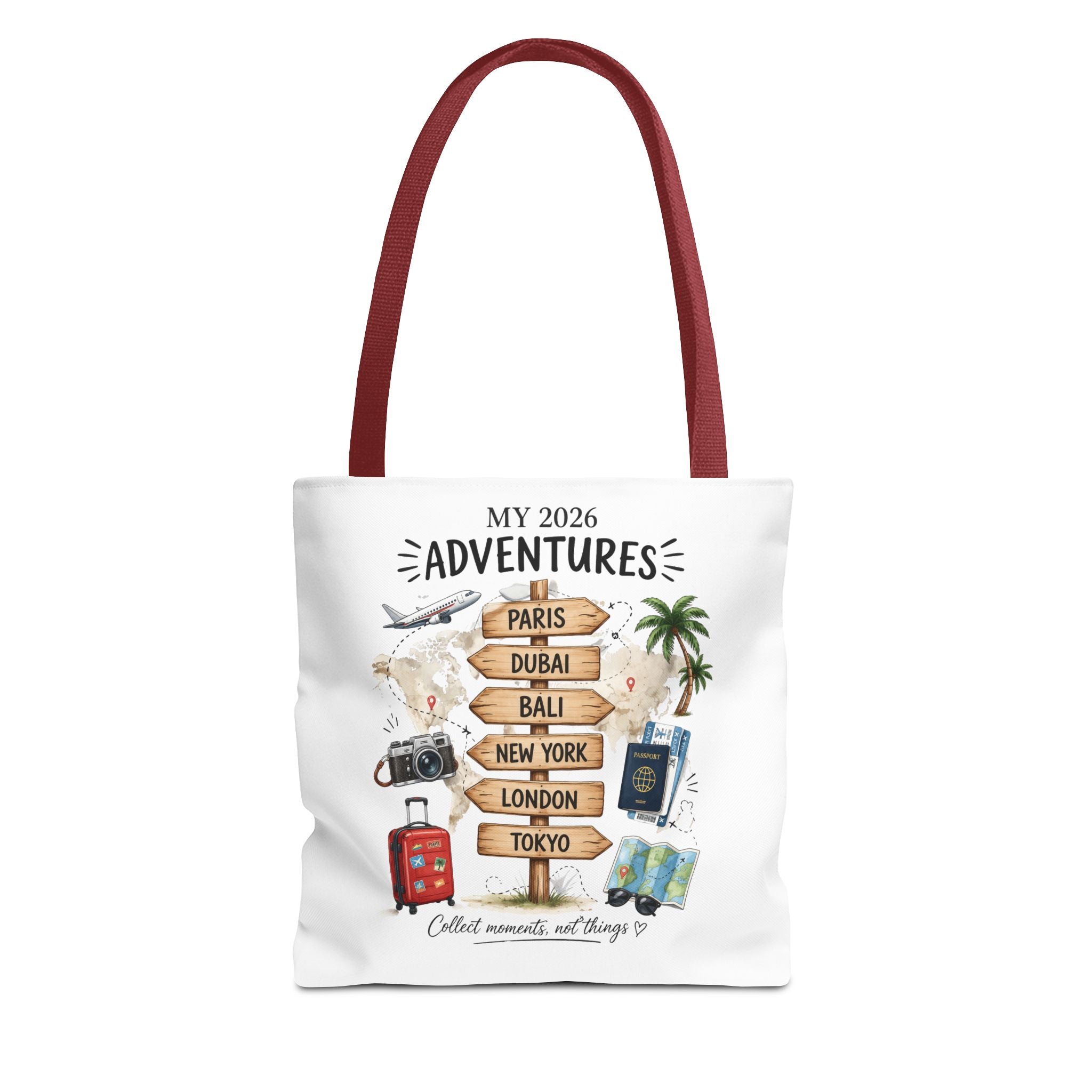 2026 Travel Adventures Tote Bag — 'My 2026 Adventures' World Cities Signpost Design