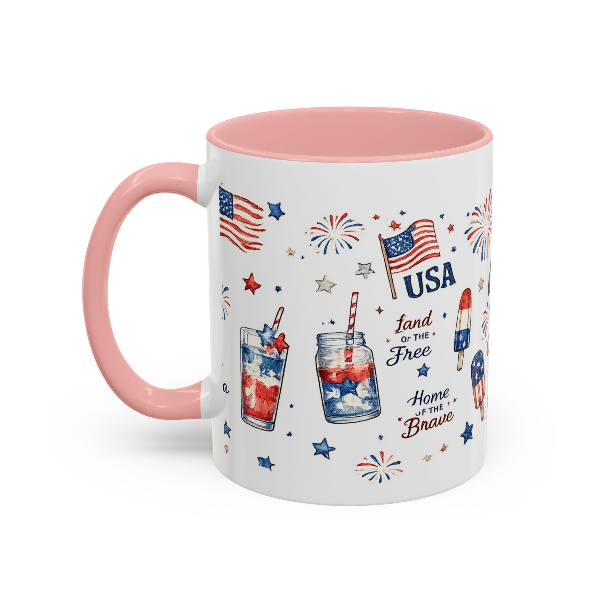 4th of July Accent Coffee Mug — Patriotic Fireworks & God Bless America Design (11oz)