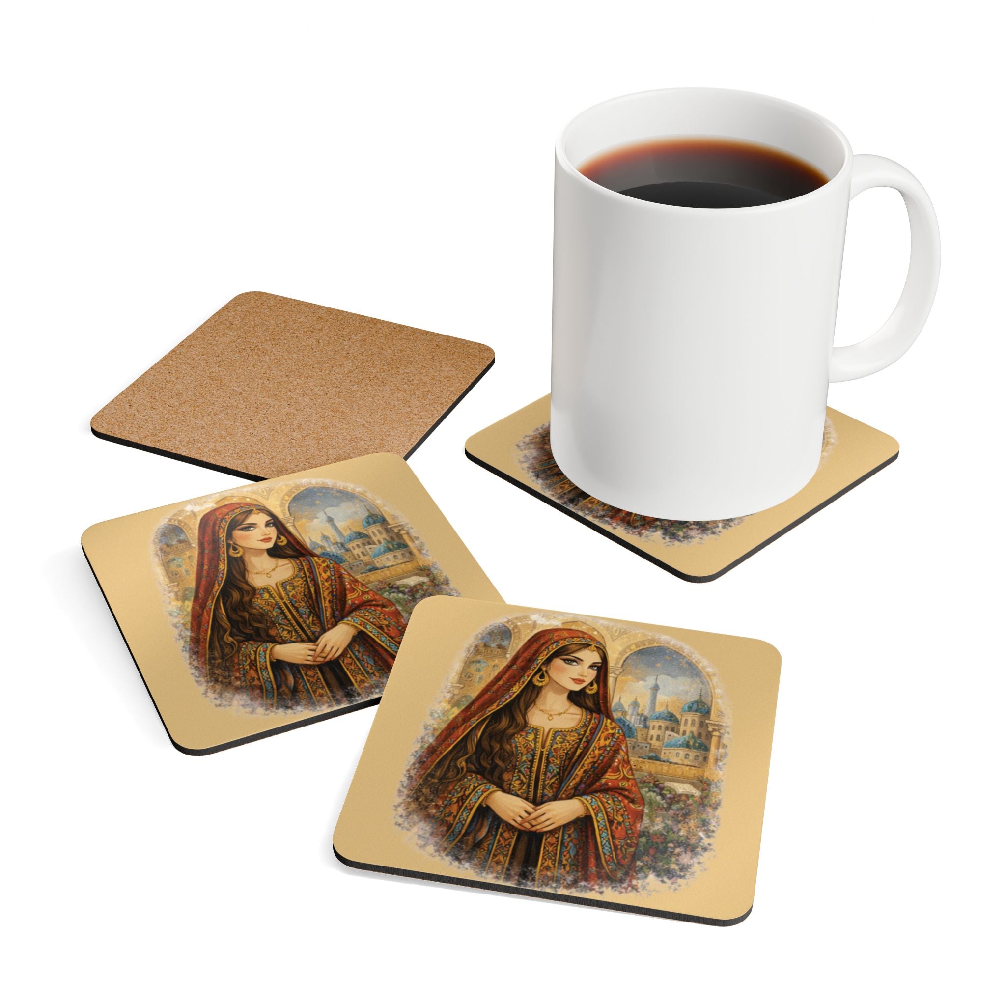 Cork Coaster Set — Vintage Middle Eastern Woman Illustration