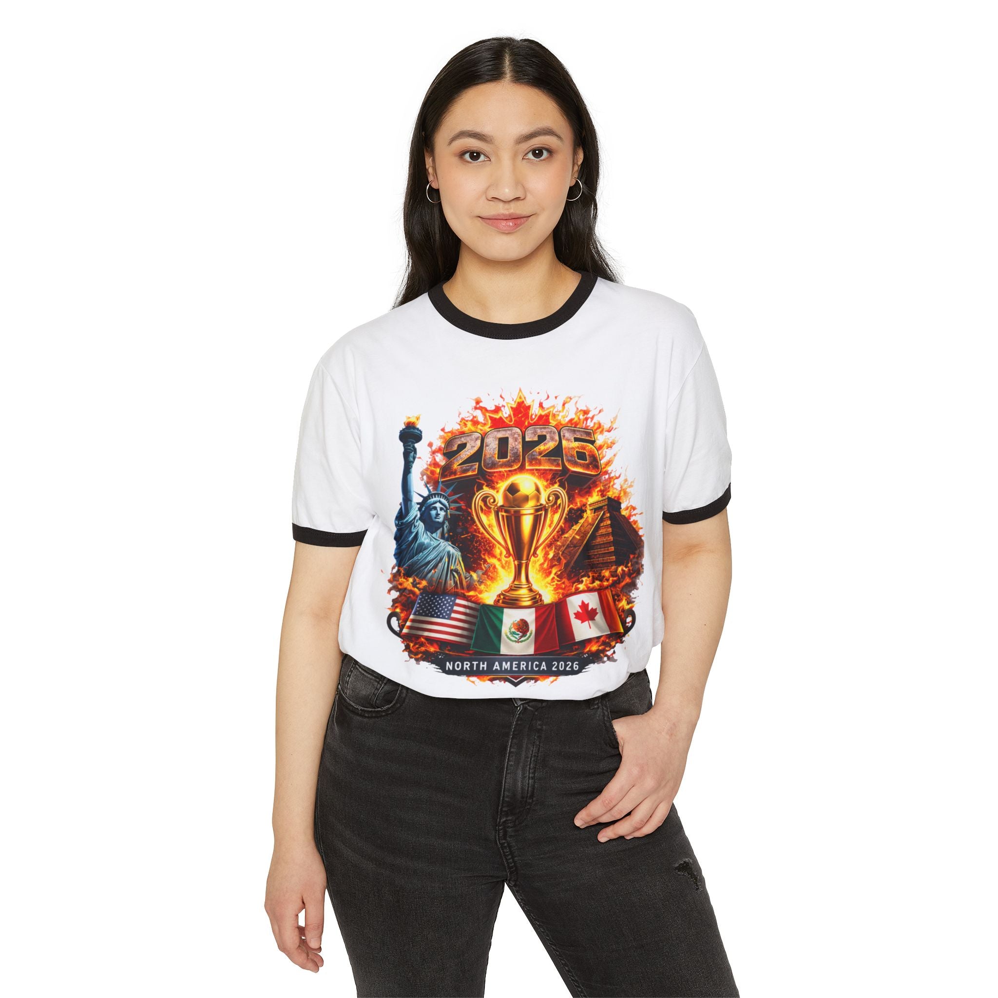 2026 North America Cup Ringer T-Shirt — USA Canada Mexico Trophy Design
