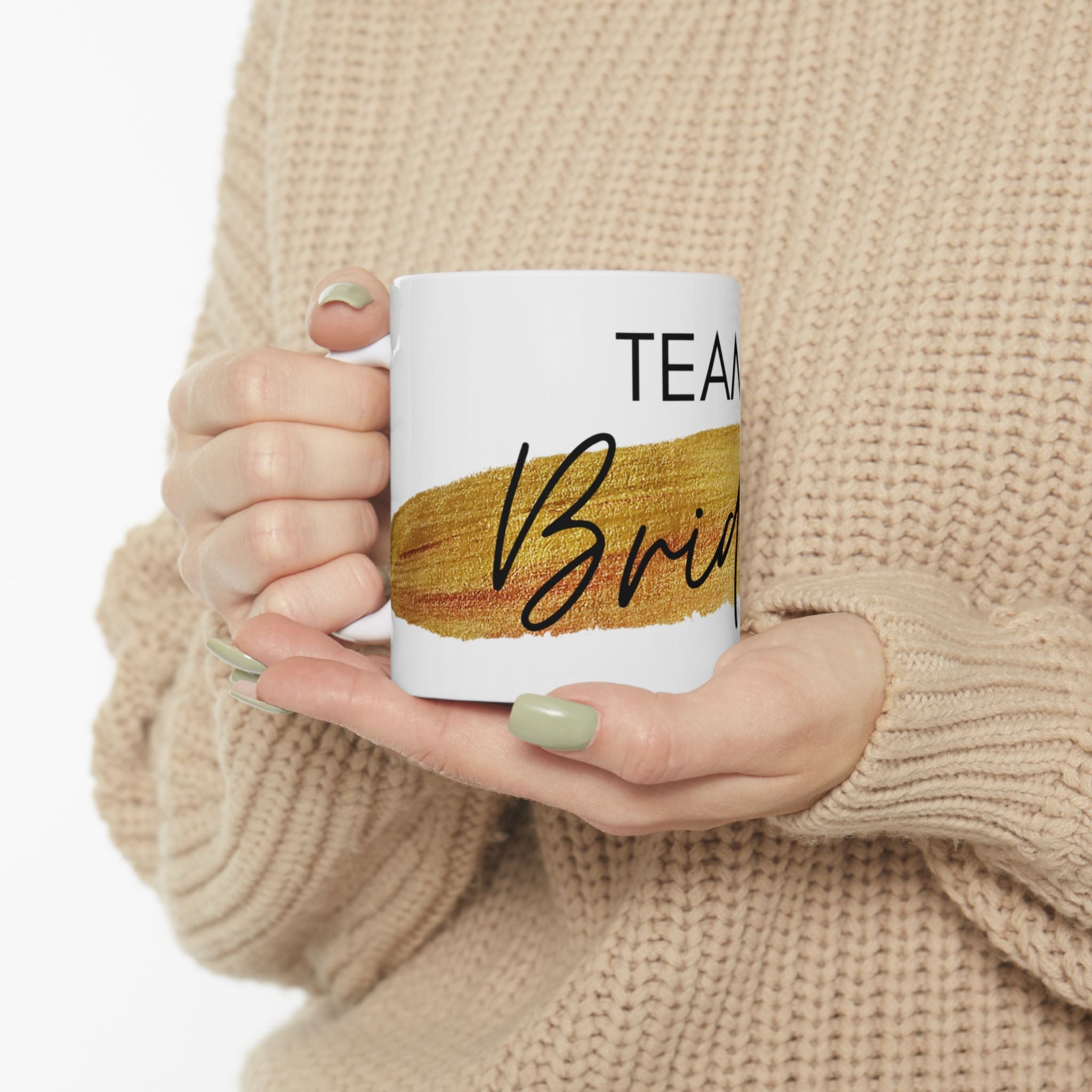 Team Bride Gold Brushstroke Mug — Bachelorette Party Ceramic Coffee Cup (11oz/15oz)