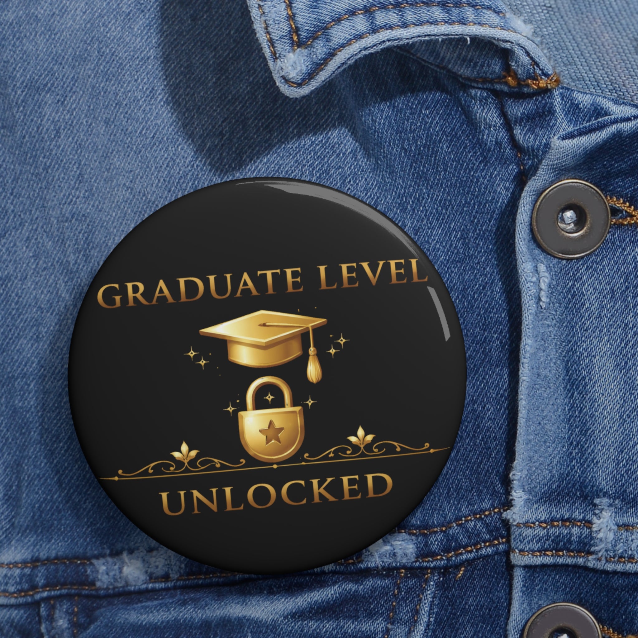 Graduate Level Unlocked Pin Button — Gold Graduation Cap Lock Lapel Pin