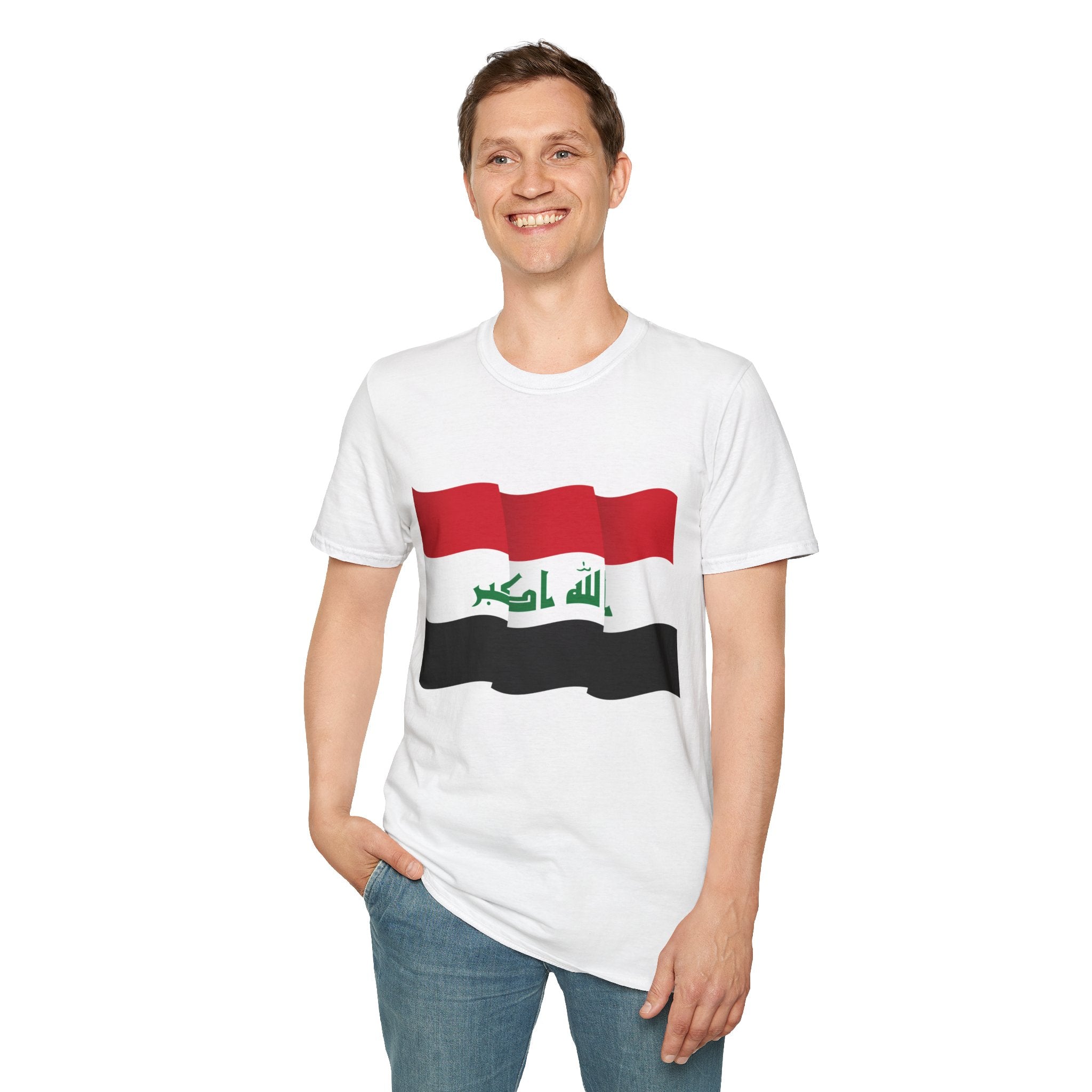 Iraq Flag T-Shirt — Waving Flag Design with Arabic 'Allahu Akbar'