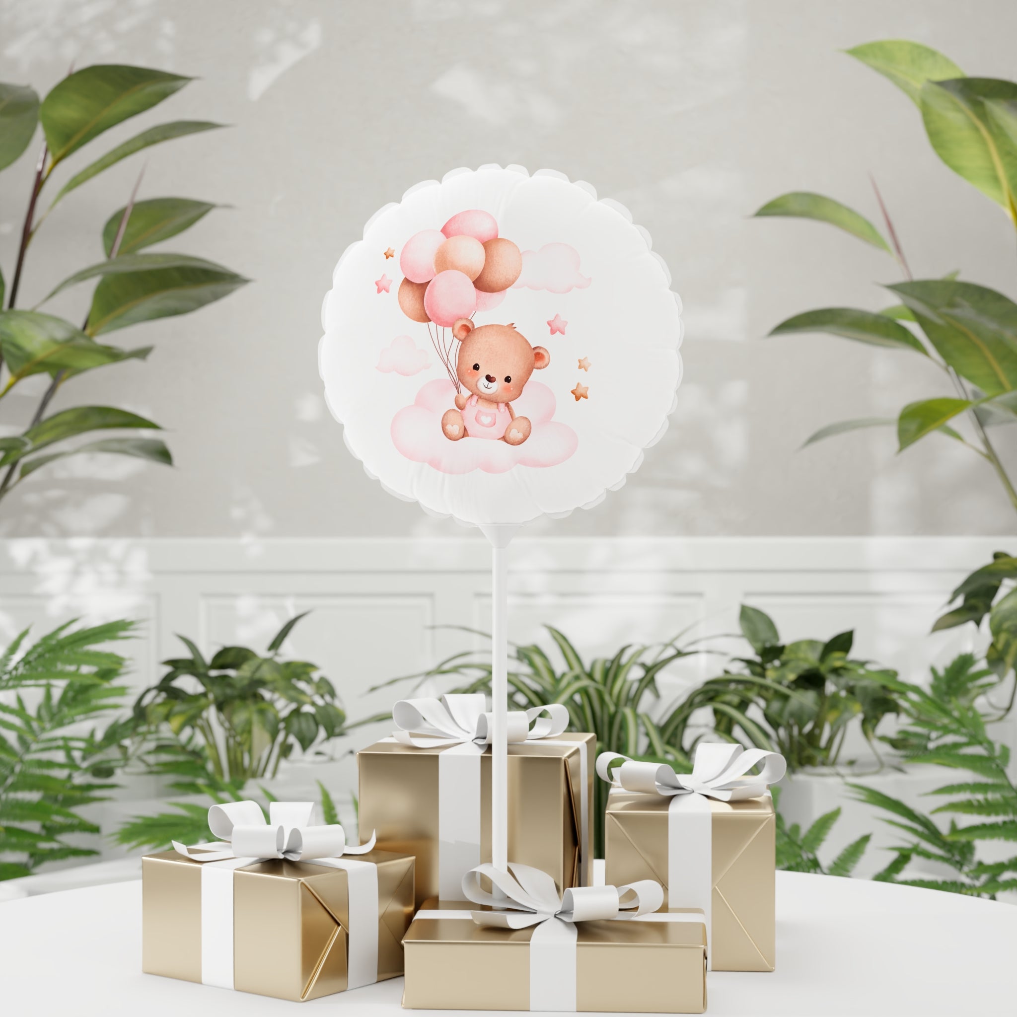 Pink Teddy Bear Balloon — 11" Round/Heart-Shaped Baby Shower & Newborn Party Decor