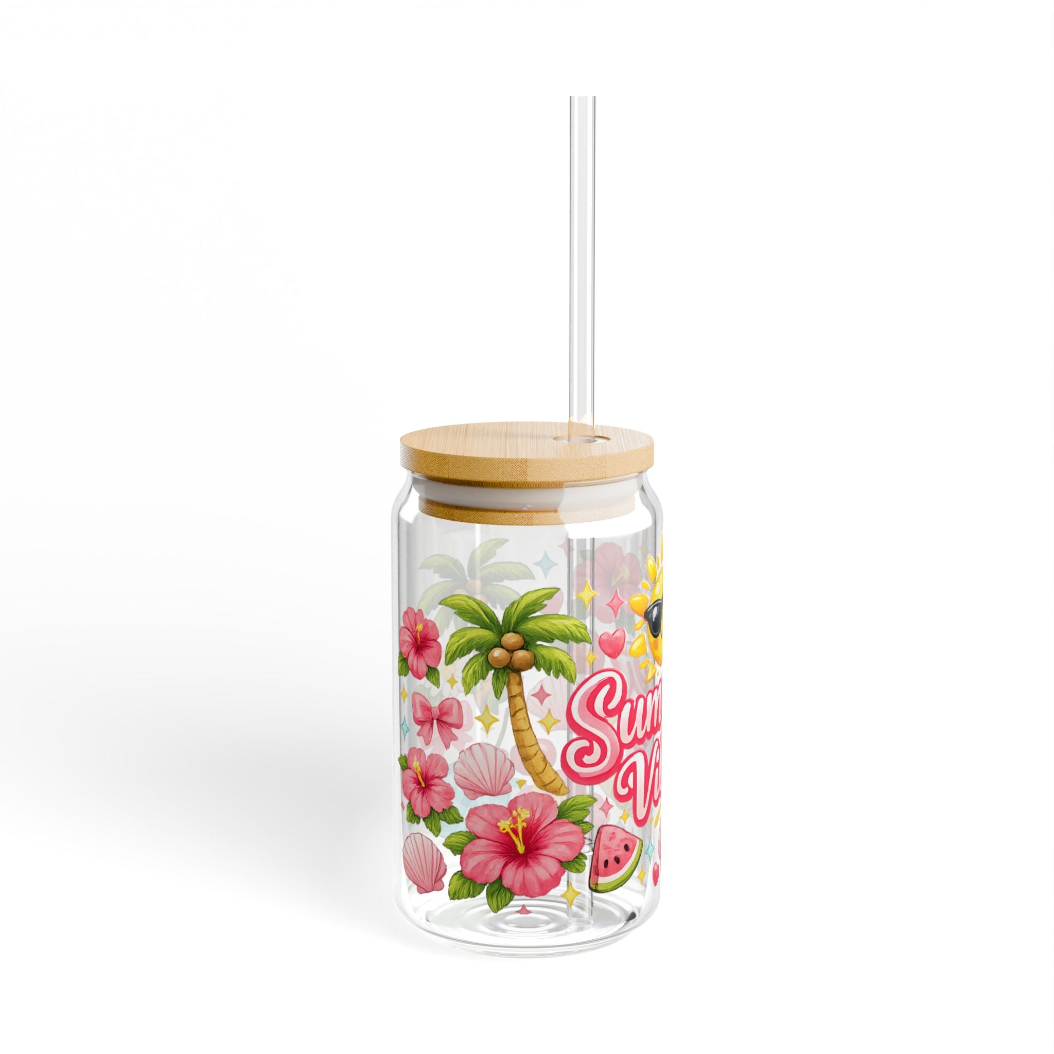 Summer Vibes Glass Tumbler with Bamboo Lid & Glass Straw | Cute Tropical Iced Coffee Cup | Beach Lover Gift