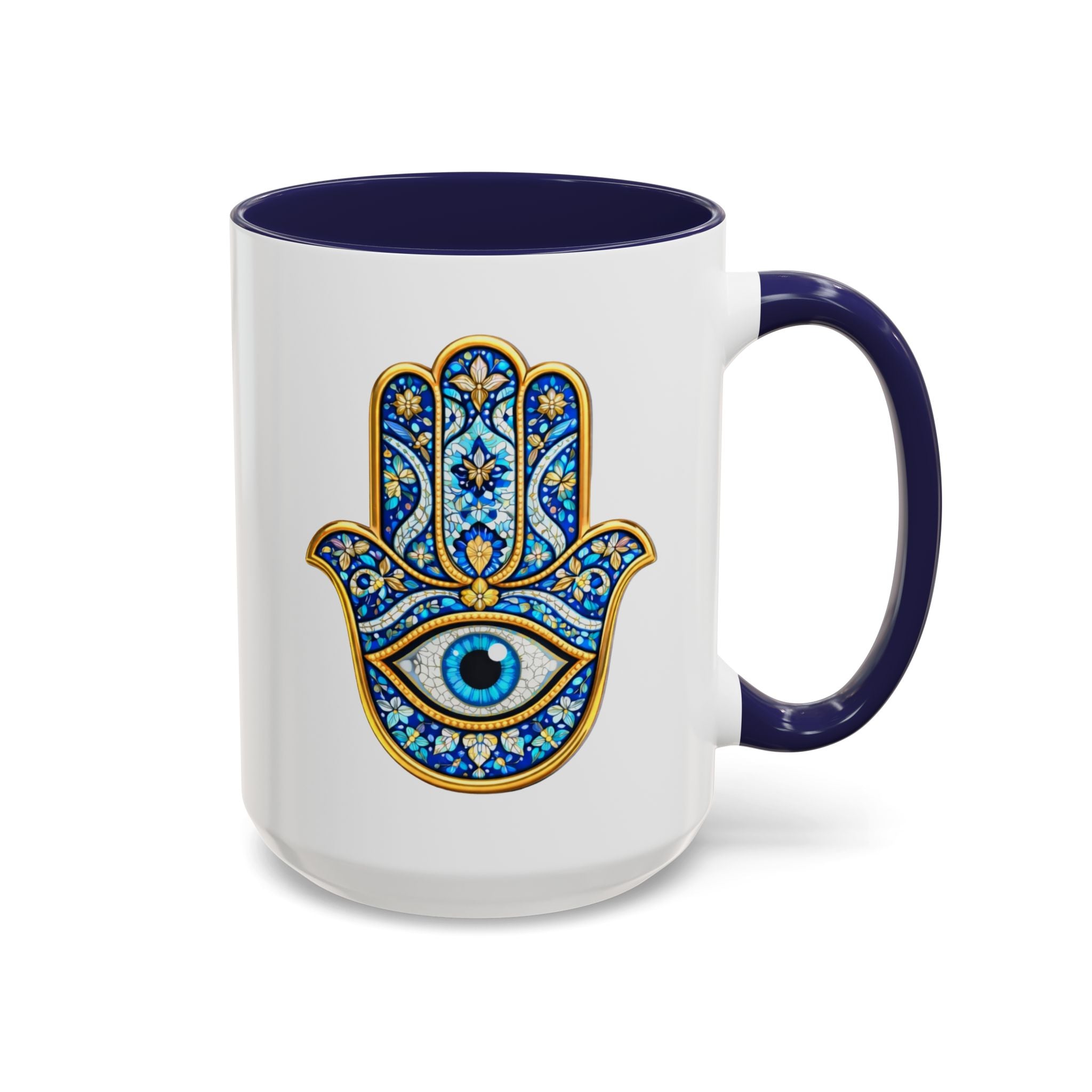 Hamsa Hand Accent Coffee Mug – Blue Protective Evil Eye Ceramic Mug (11/15oz)