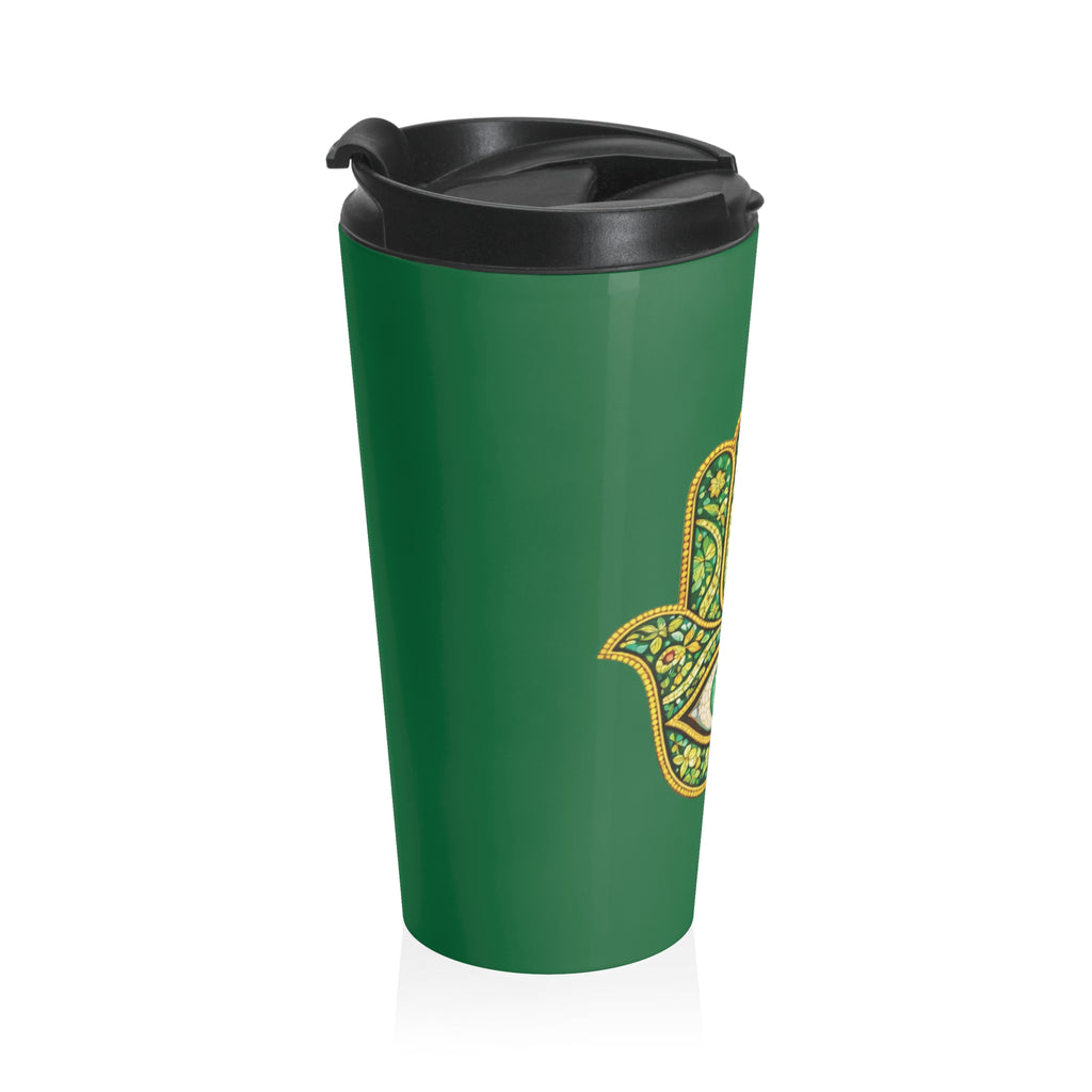 Hamsa Hand Stainless Steel Travel Mug — Green Spiritual Tumbler with Protective Eye