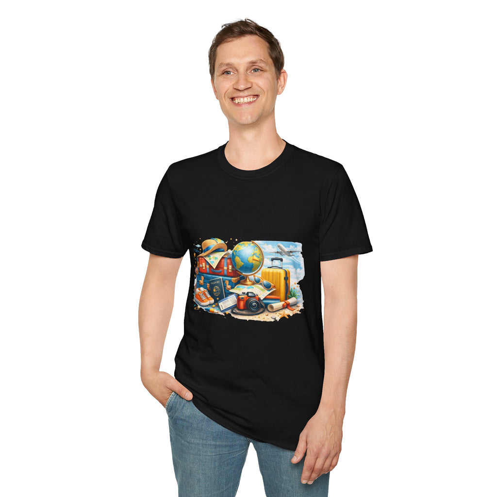 Travel Vibes T-Shirt — Retro Luggage, Globe & Camera Design