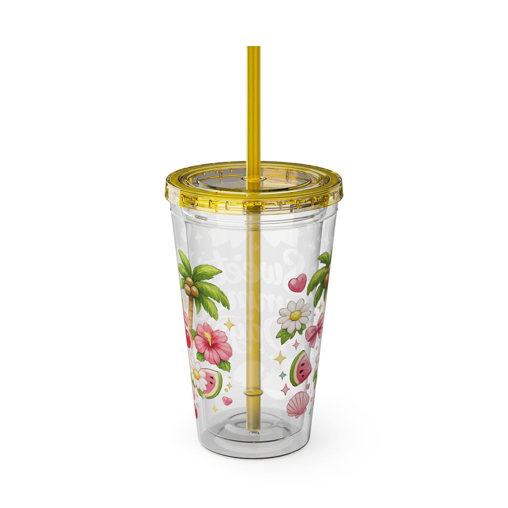 Sweet Summer Days Tumbler — 16oz Clear Straw Cup with Tropical Fruits & Bow Design