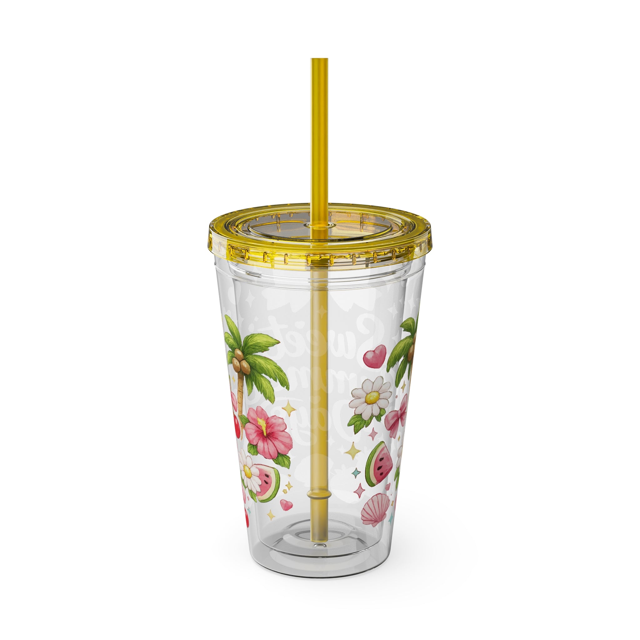 Sweet Summer Days Tumbler — 16oz Clear Straw Cup with Tropical Fruits & Bow Design