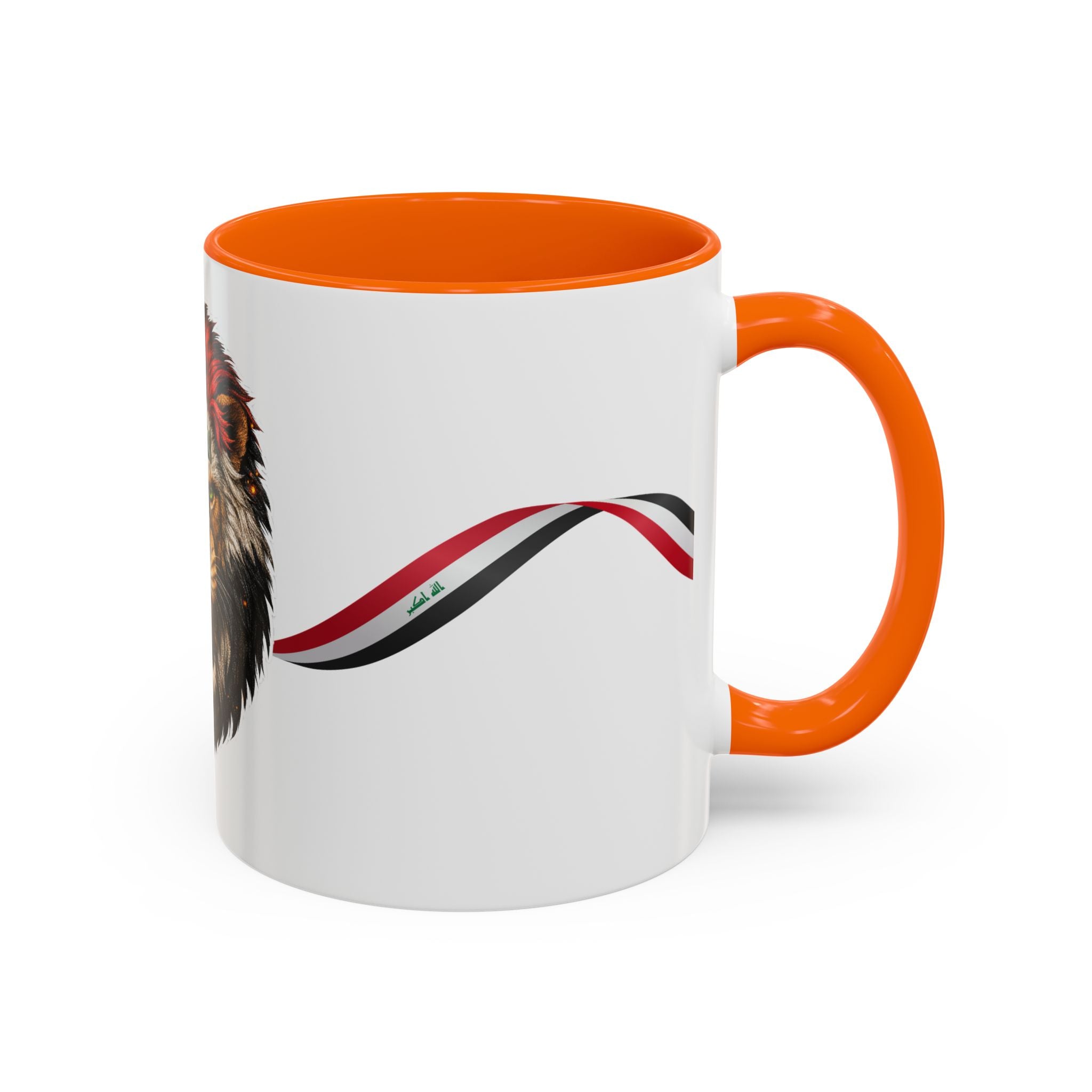 Iraq Lion Head Accent Coffee Mug with Arabic Script and Flag Ribbon – Patriotic Iraq Gift (11/15oz)